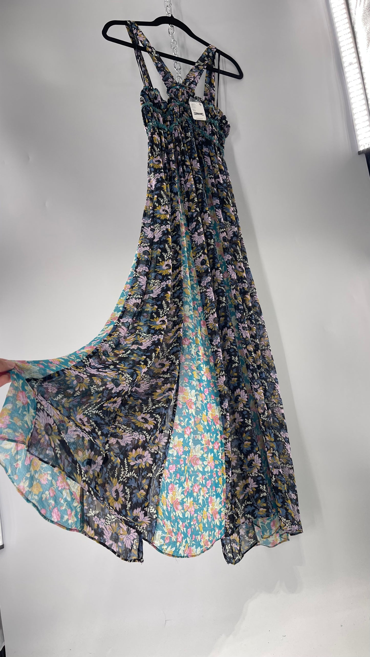 Intimately Free People Black and Teal Mixed Pattern Floral Maxi Dress with Tags Attached (XS)