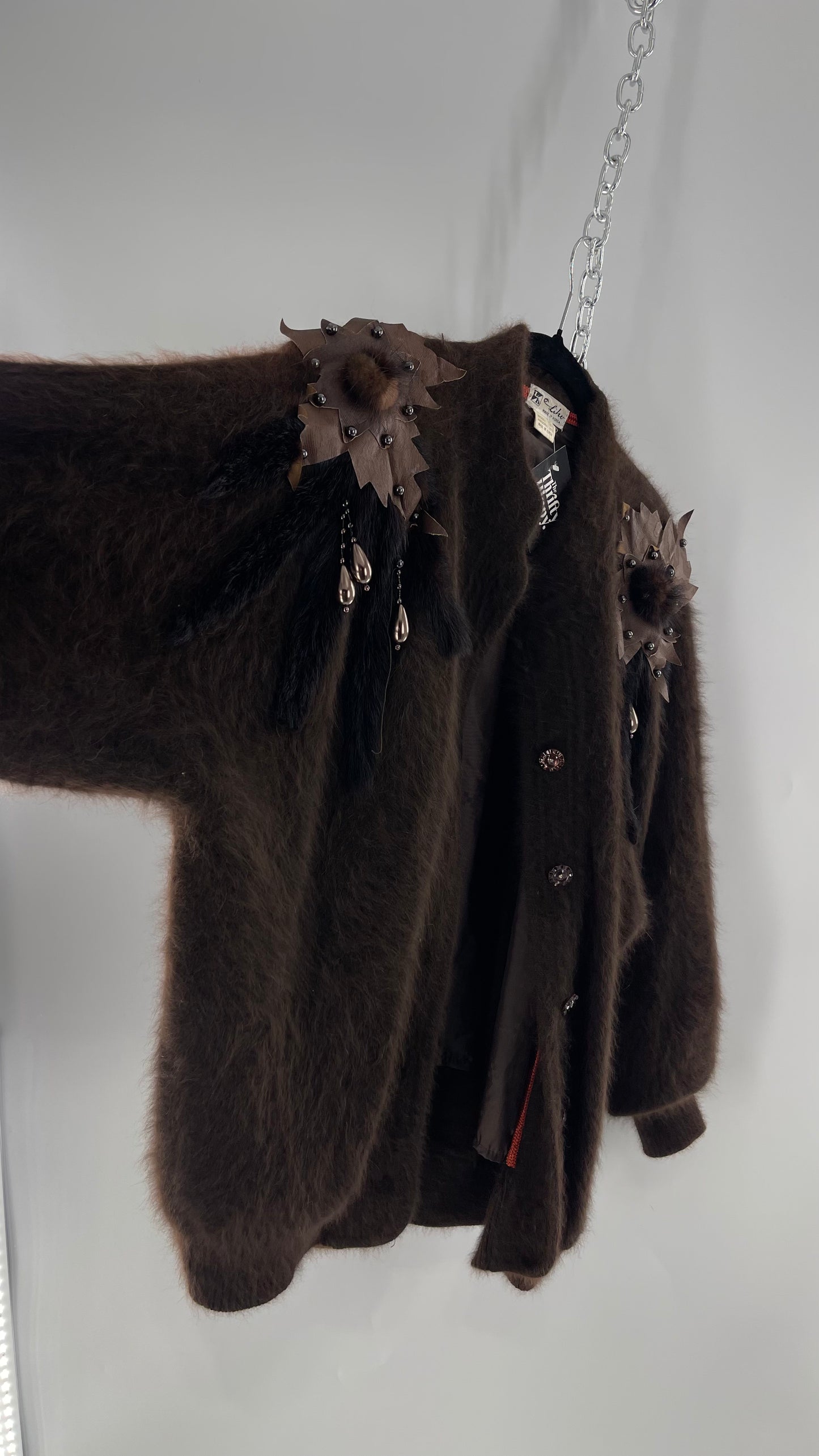 Liho Korean Vintage Brown Cardigan with Leather, Fur and Beaded Detailing 15% Wool 75% Angora  (C)(Medium)