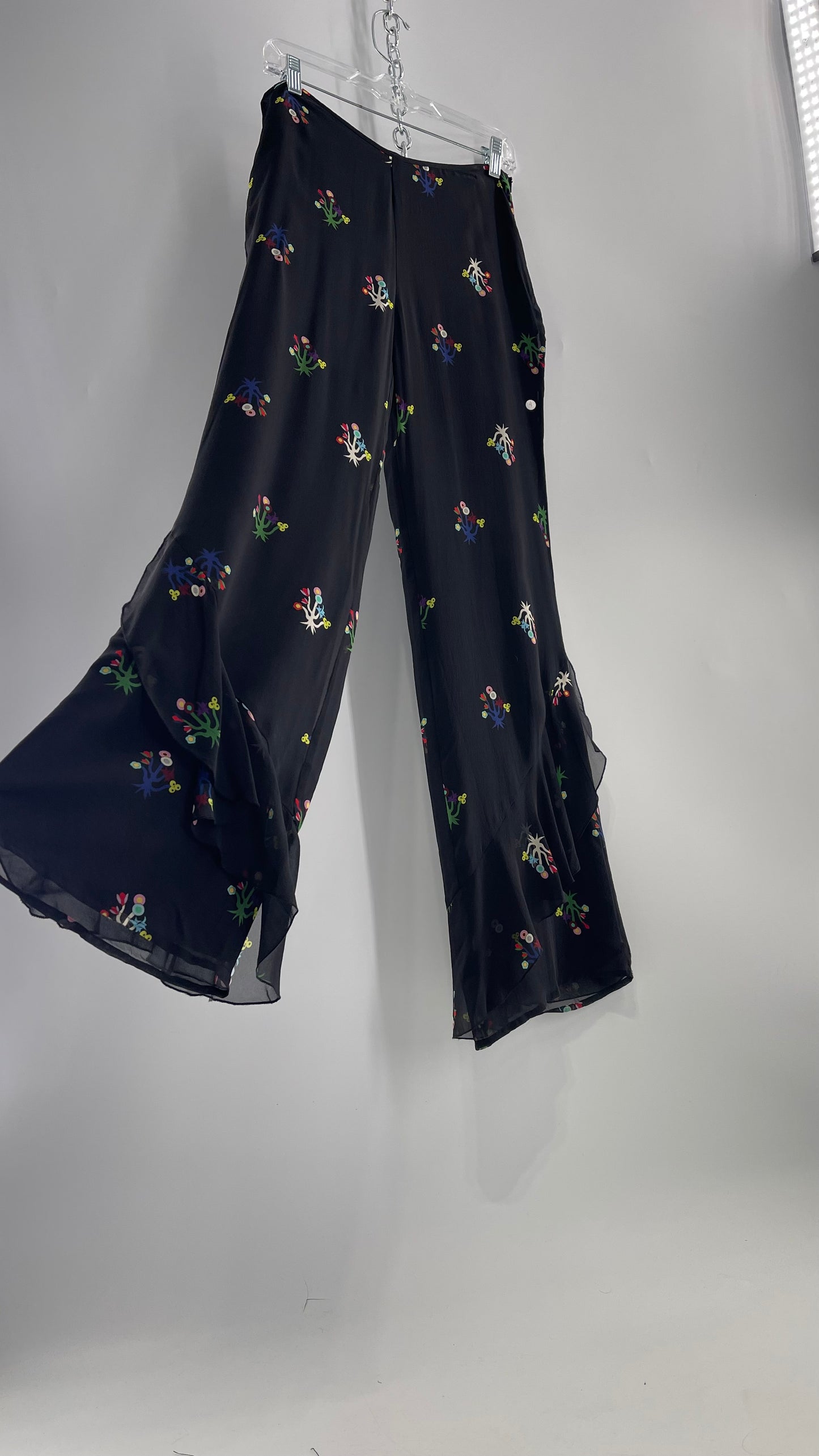 Cynthia Rowley Black Flared Pants with Colorful Abstract Florals, Dual Lining and Ruffle Trim (4)