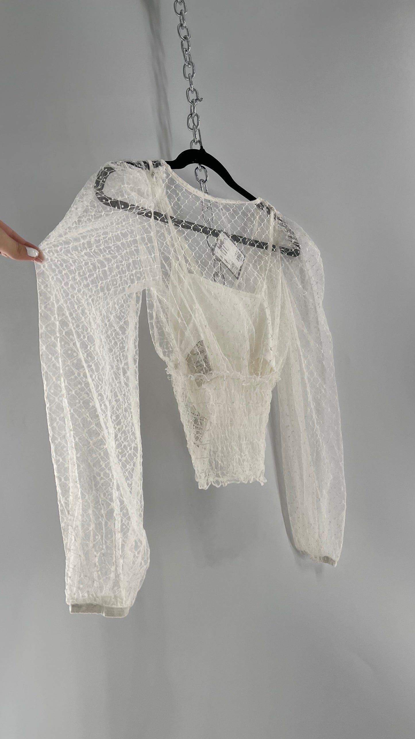 Free People White Embroidered Mesh Blouse with Keyhole Back and Balloon Sleeves (XS)