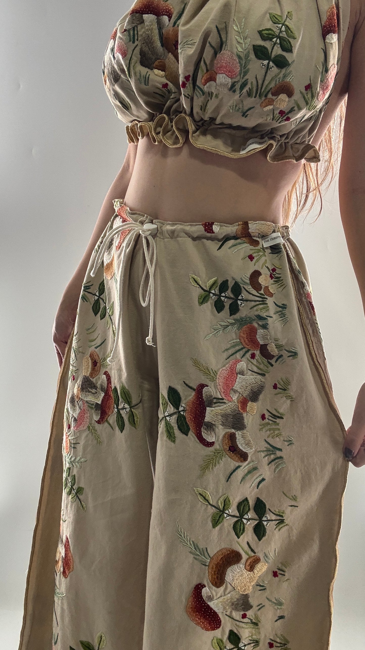 Vintage Custom Handmade and Hand Embroidered Two Piece Set with Mushrooms, Vines, and Ladybugs (XS-L)
