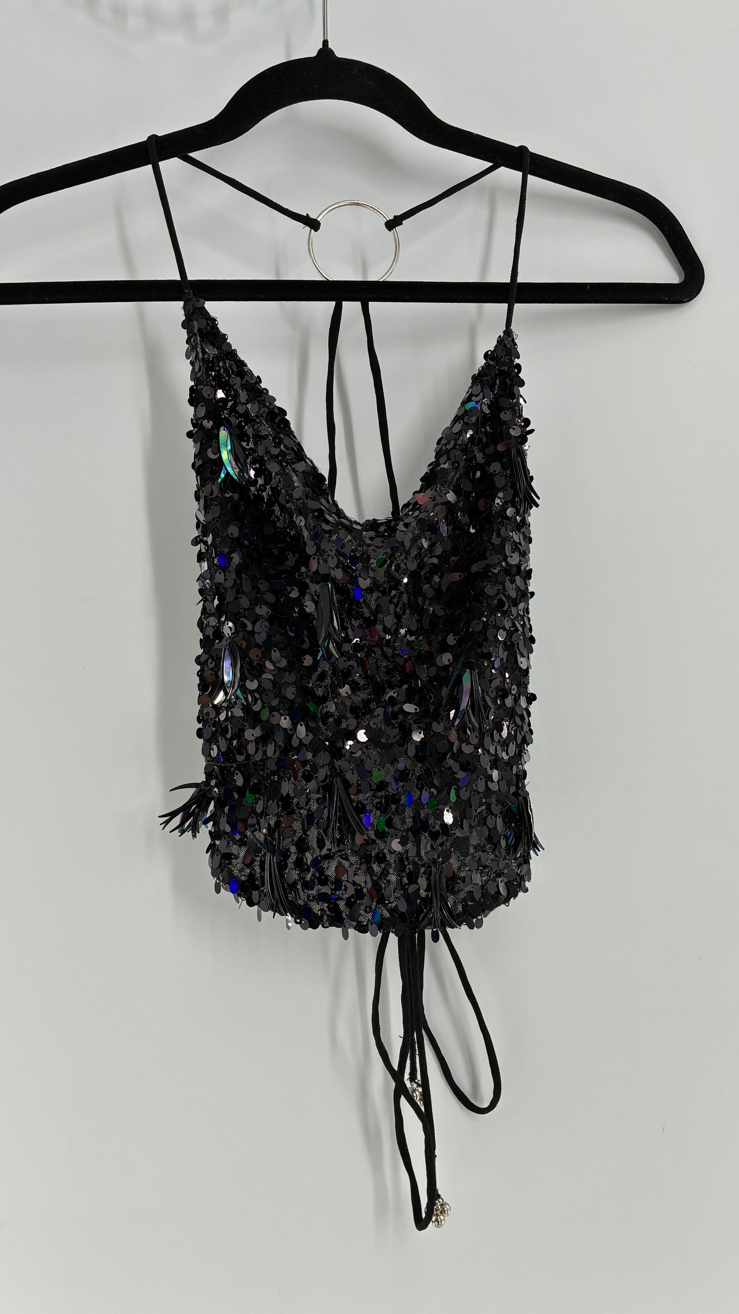 Free People Black Open, Tie Up Back Camisole Covered in Sequins with Silver Hoop Details (XS)