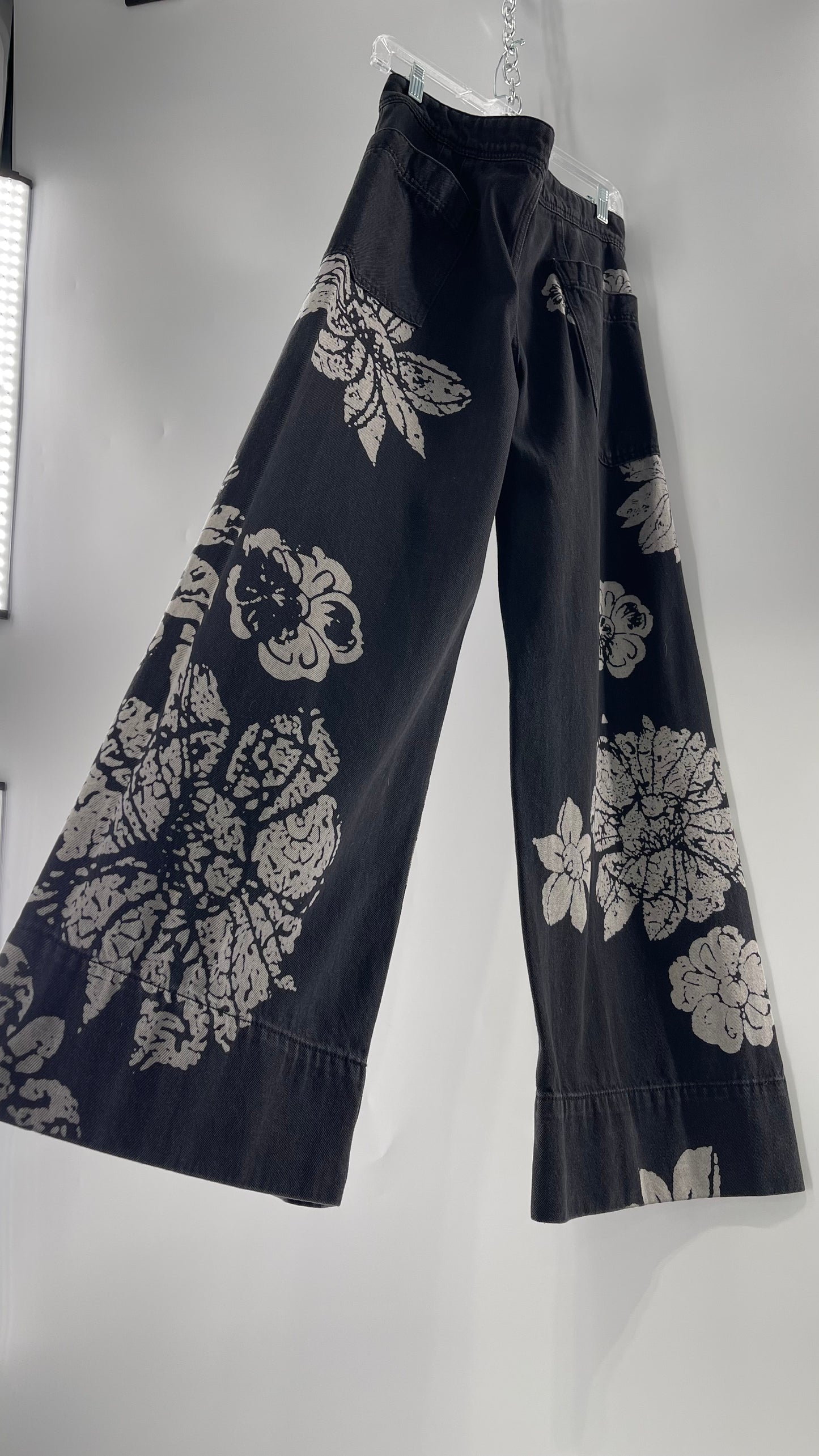 Free People Black Wide Leg Jeans with White Hibiscus Floral Design (29)