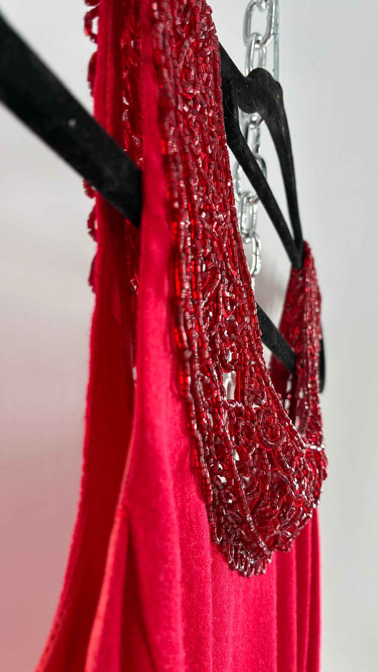 Vintage CARMEN MARC VALVO Red 100% Fitted, Tailored Wool Dress with Beaded Hem and Neckline (6)