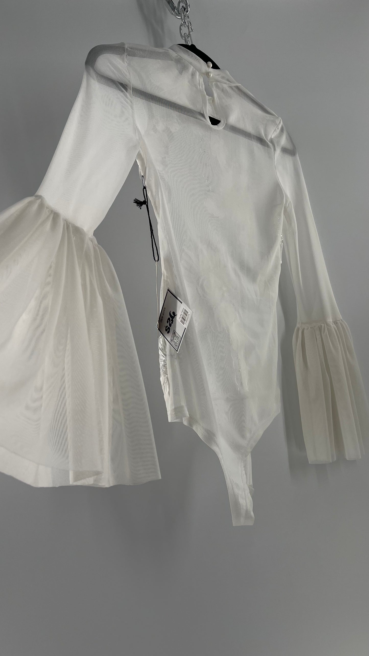 Haute Monde White Mesh Bodysuit with Ribbon Embroidery, Bell Sleeves and Tags (Small)
