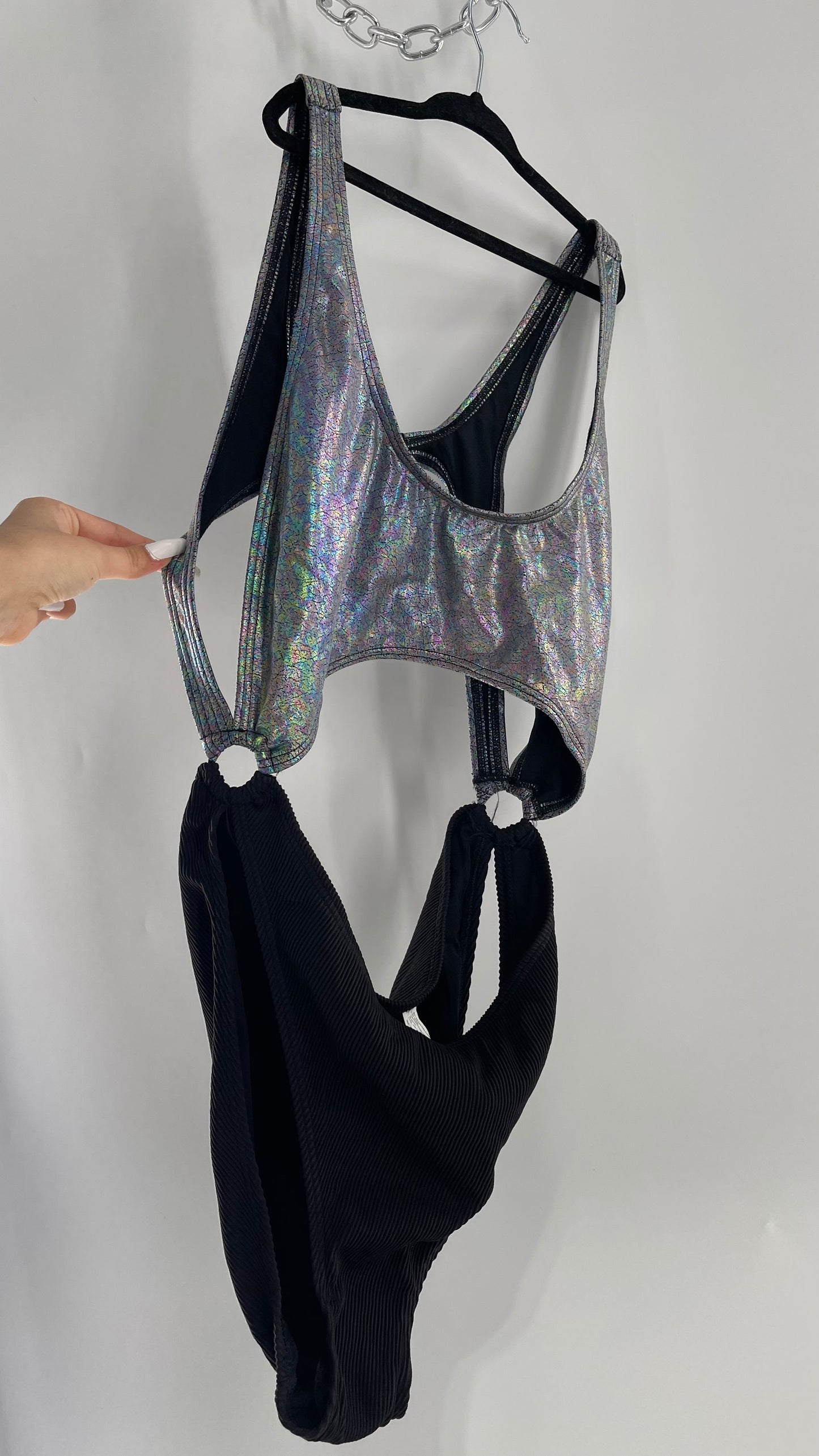 Urban Outfitters Out From Under Bathing Suit Metallic Gas Spill Top and Ribbed Black Bottom Connected by Rings (Large)