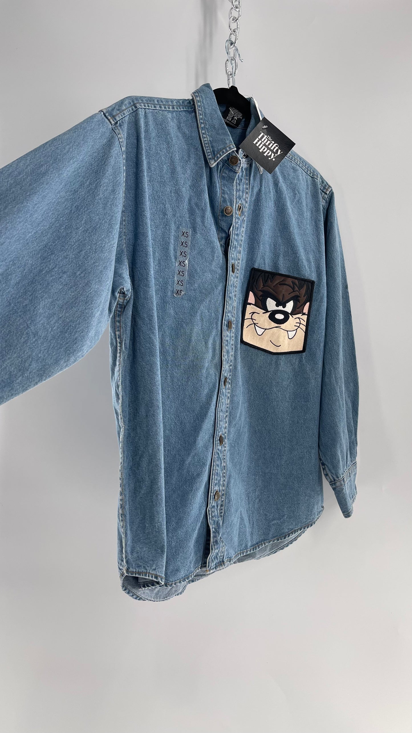 Deadstock Vintage Warner Bros Looney Tunes Denim Longsleeve with Embroidered Taz Pocket (XS/S)