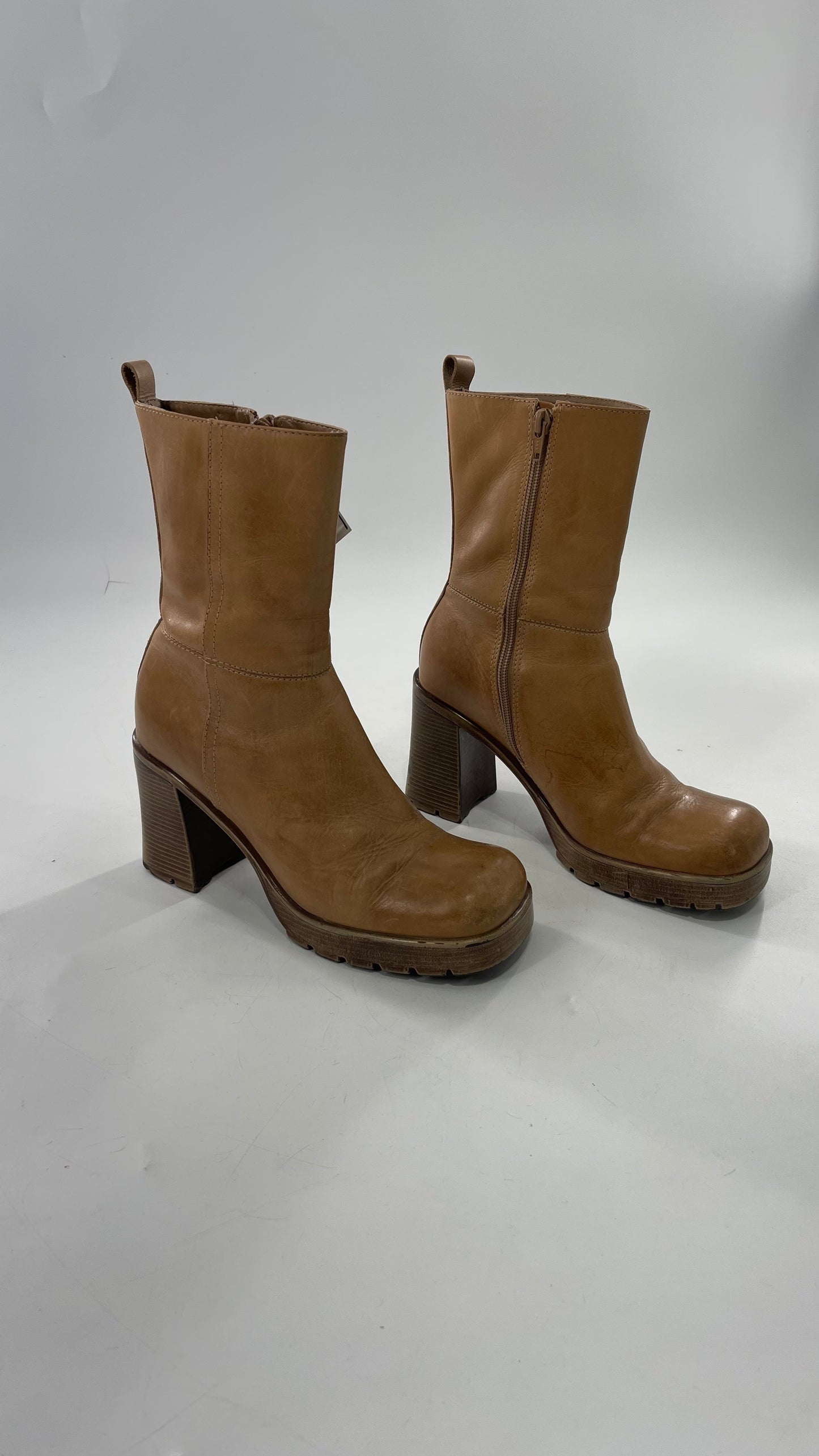 Vintage 90s Steve Madden Tan Leather Funky Square Toe Boot with Platform and Chunky Heel