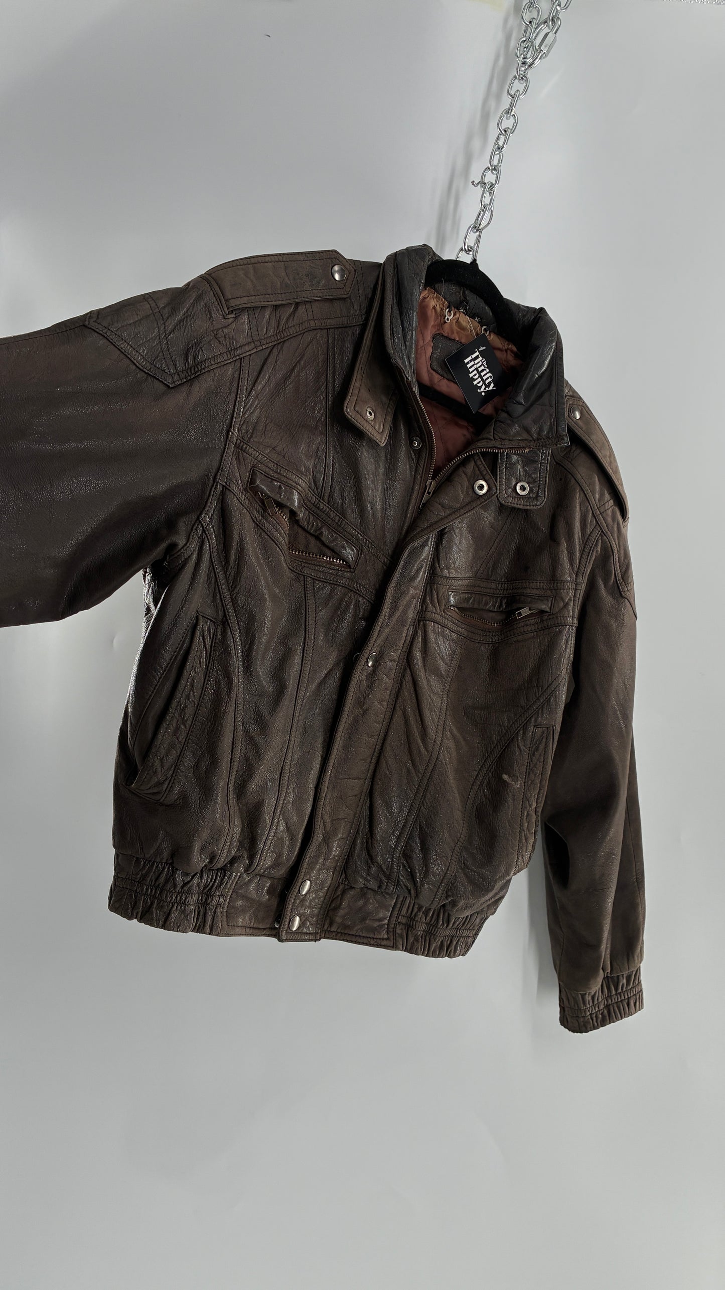 Vintage SAXONY Distressed Leather Bomber Jacket (Medium)