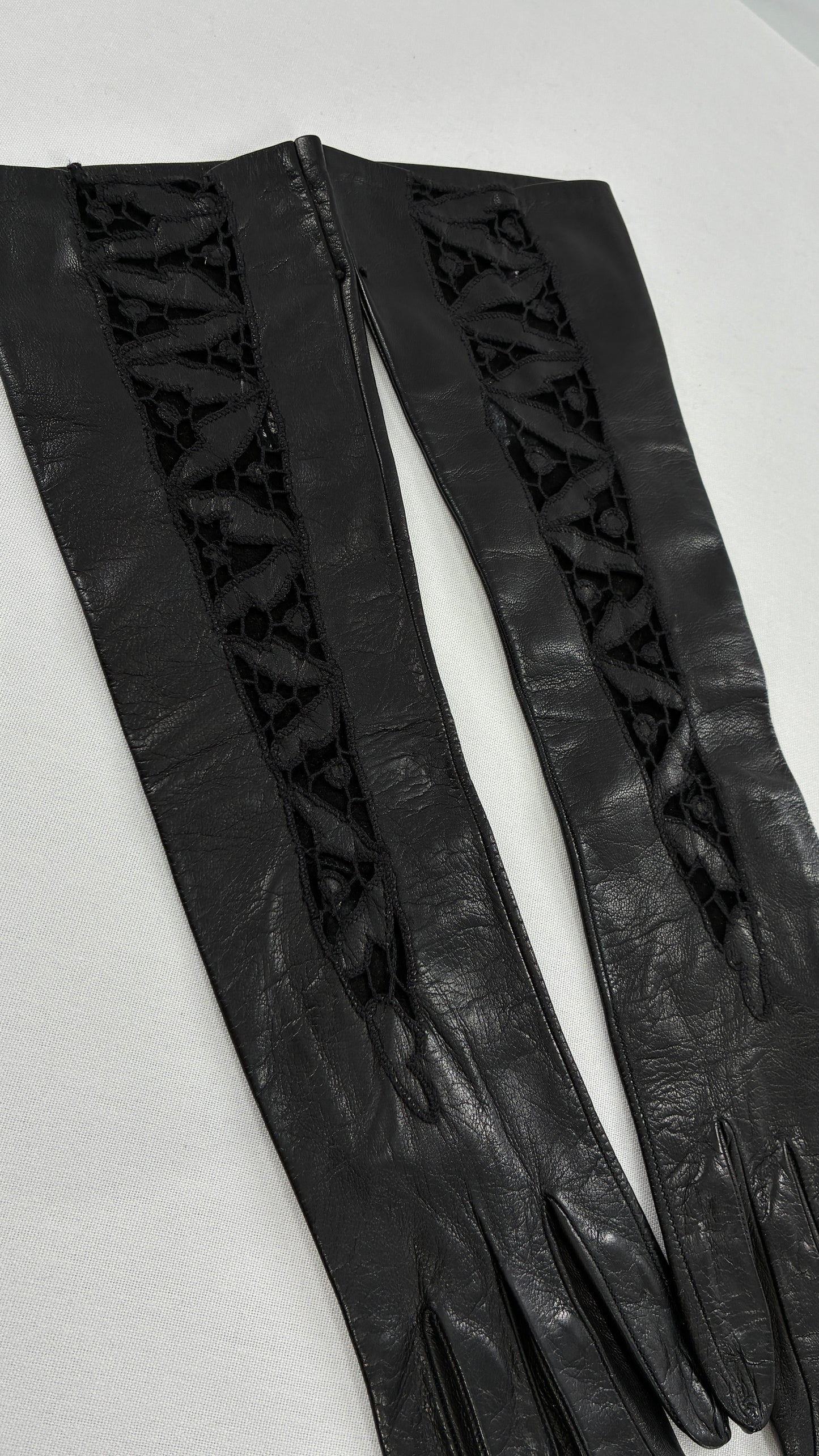 Deadstock Vintage Black Soft Leather Gloves with Lace Detail