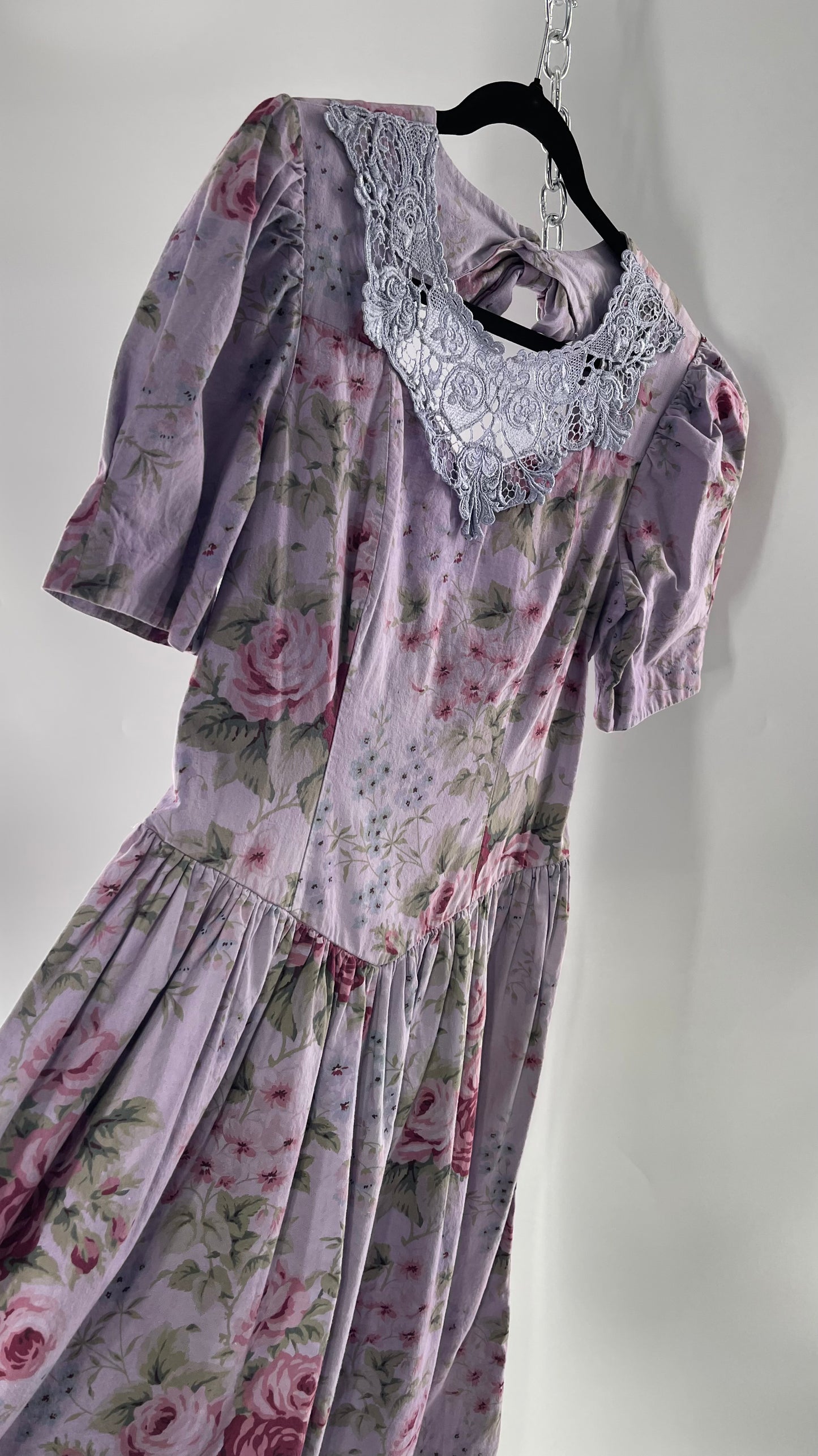 Vintage Urban Renewal Reworked and Upcycled Misty Lane Lilac/Lavender Floral Fit/Flare Dress with Sweetheart Neckline, Lace Detail and Bow Adorned Open Back (11/12)