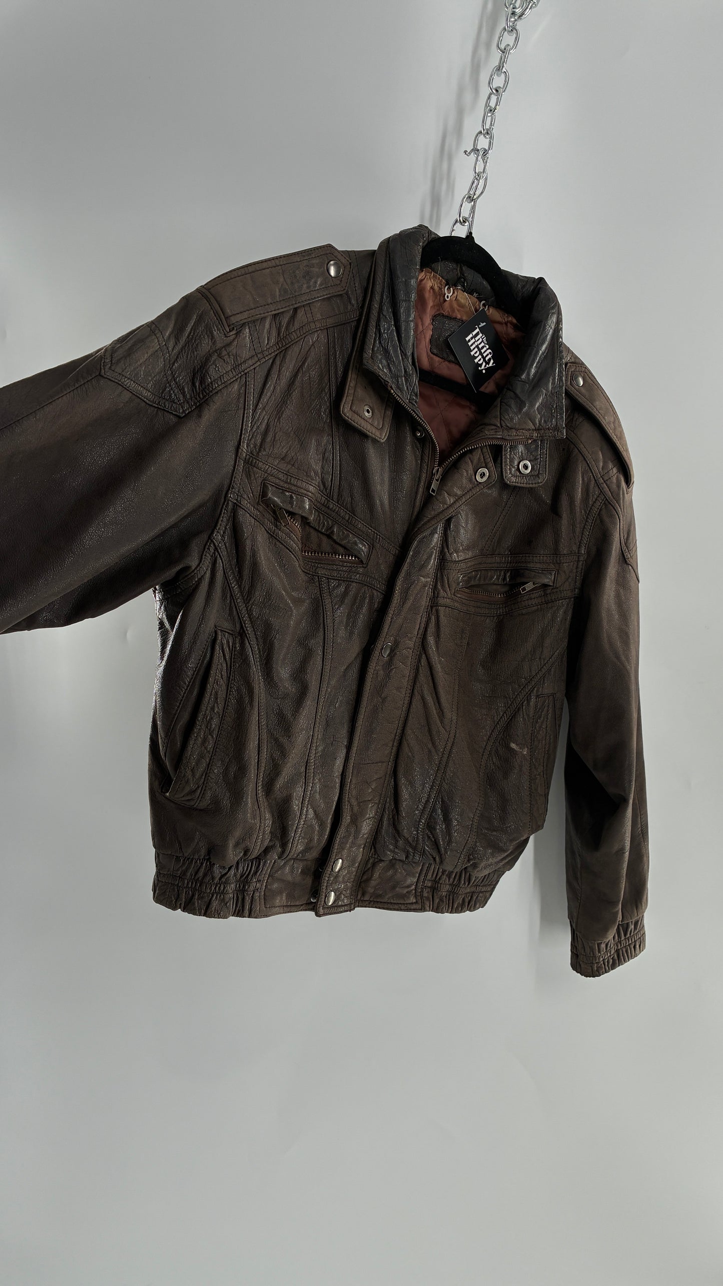 Vintage SAXONY Distressed Leather Bomber Jacket (Medium)