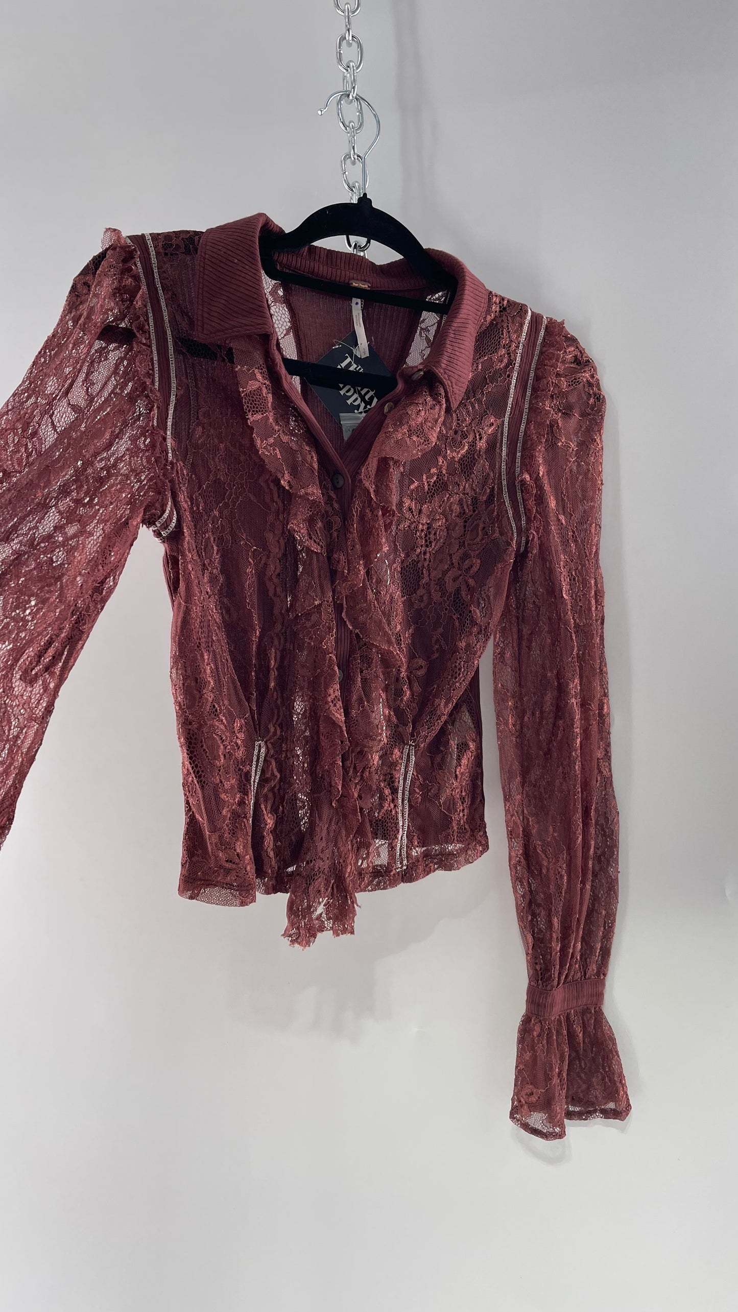 Free People Burgundy Lace Button Front Blouse with Balloon Sleeves and Ruffle Front Detail (Small)
