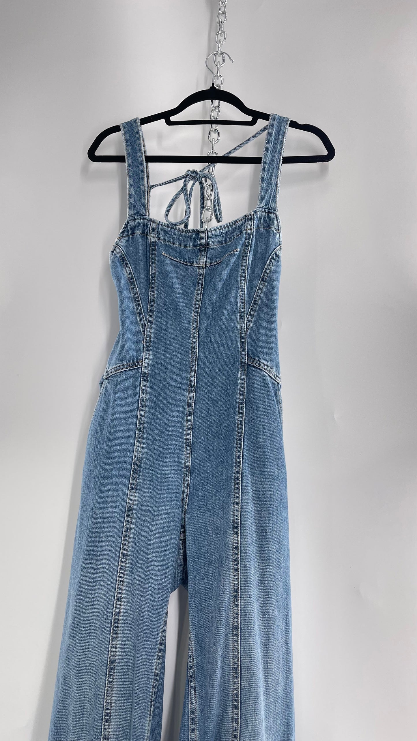 Free People Denim Backless Wide Leg Jumpsuit with Tags Attached (Small)
