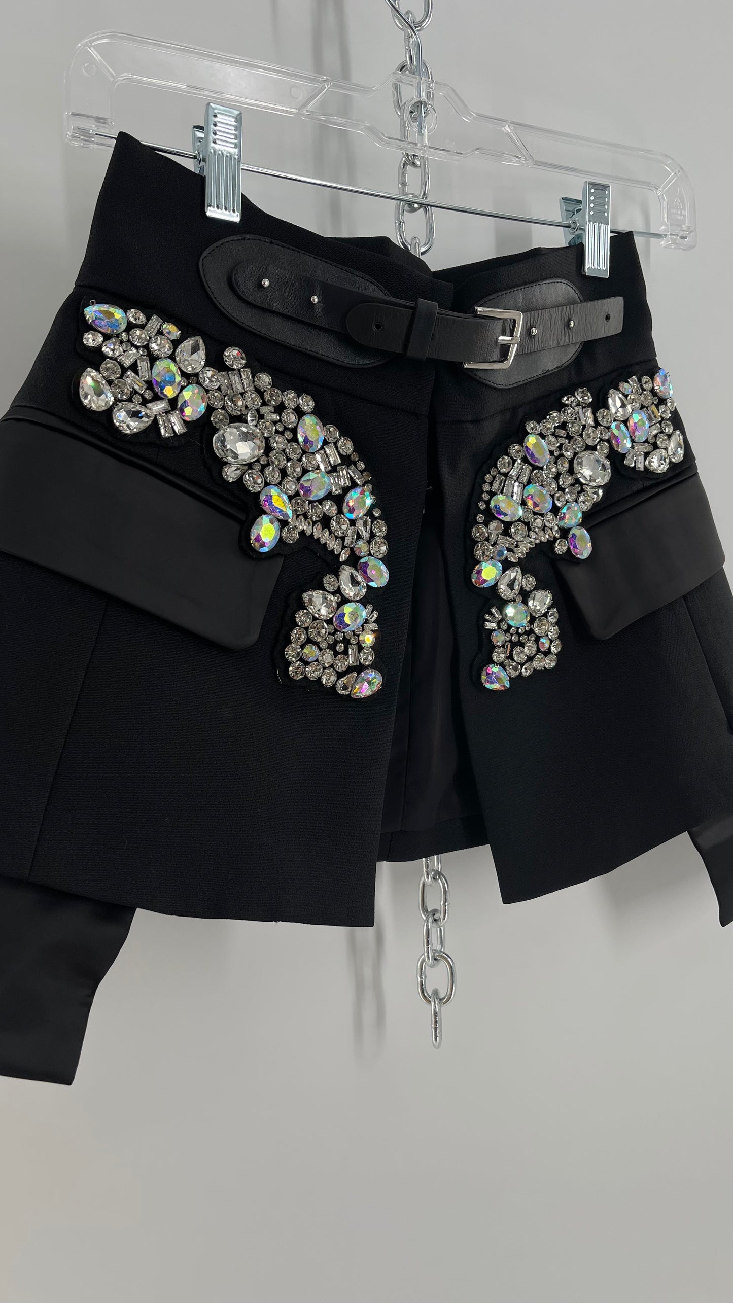 Black Skirt Belt Covered in Crystal Embellishments with Satin Flap Pockets (Medium)