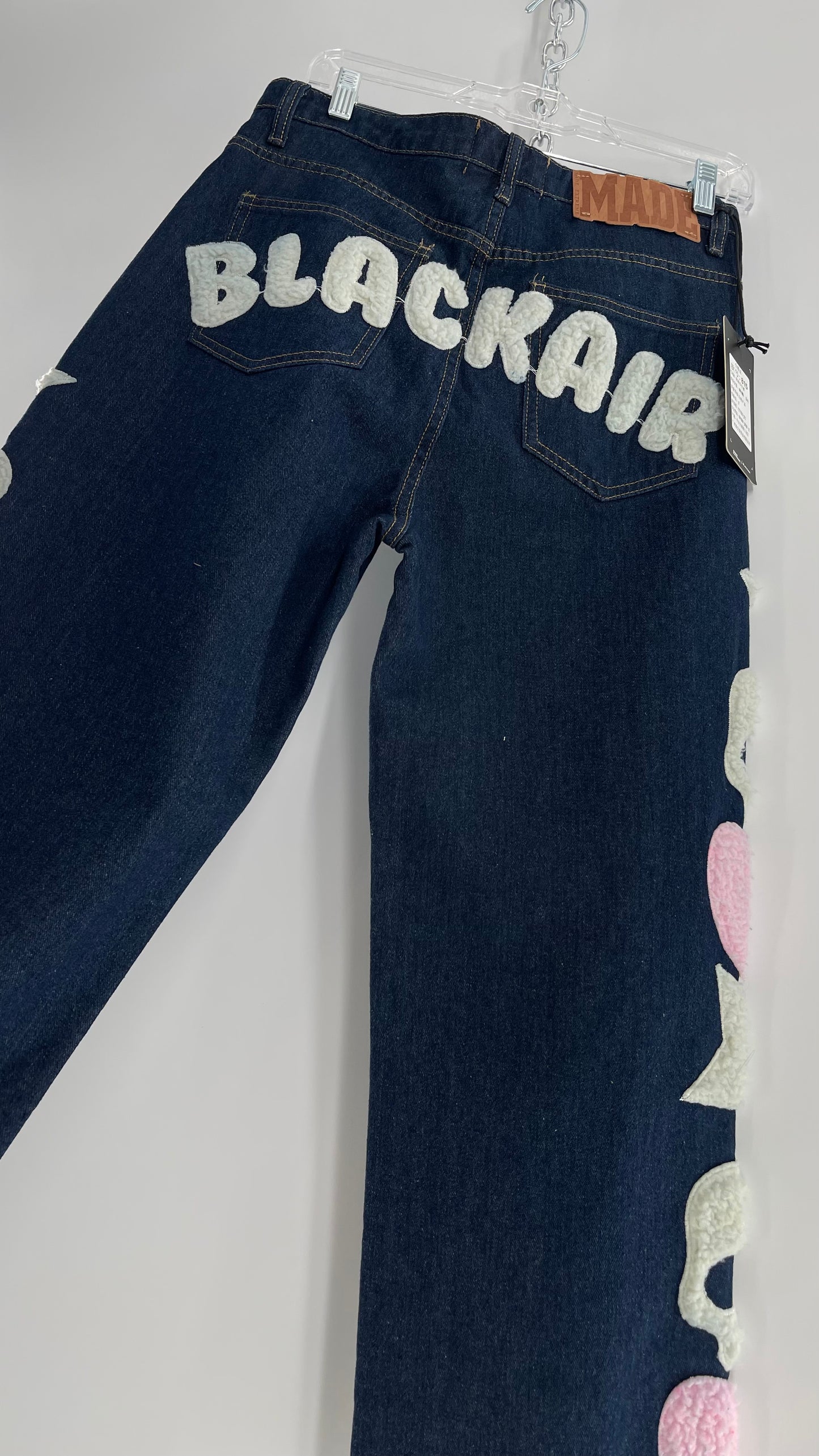 MadeExtreme Dark Wash Denim with Skull/Heart Patches and Bum Embroidery (Medium 8)