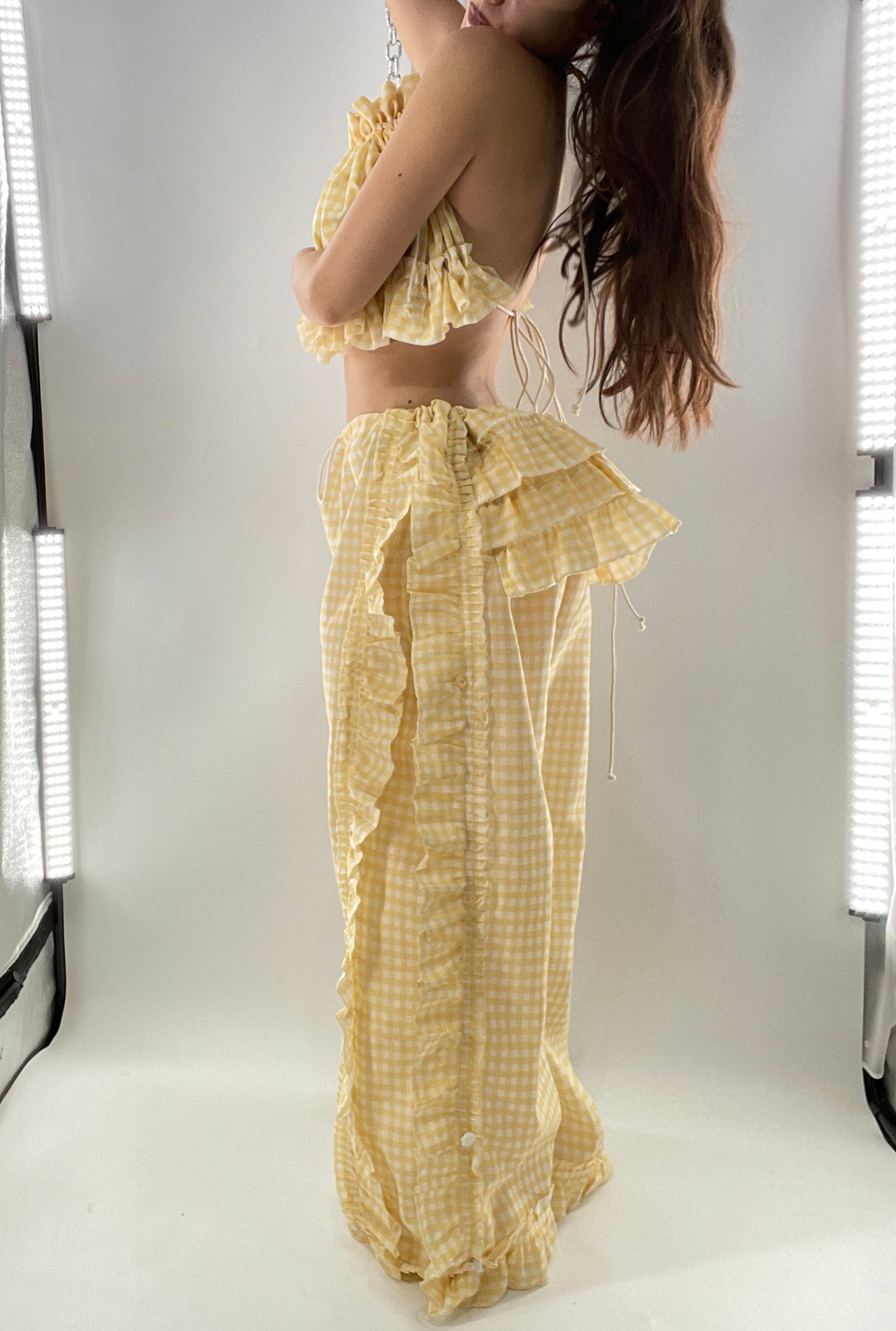 Vintage 2 Piece Yellow Checkered/Gingham Patterned Picnic Set with Ruched Bust Top and Ruffle Side Wide Legs with Adjustable Length, Strap Up Buttons on Hem (One Size)