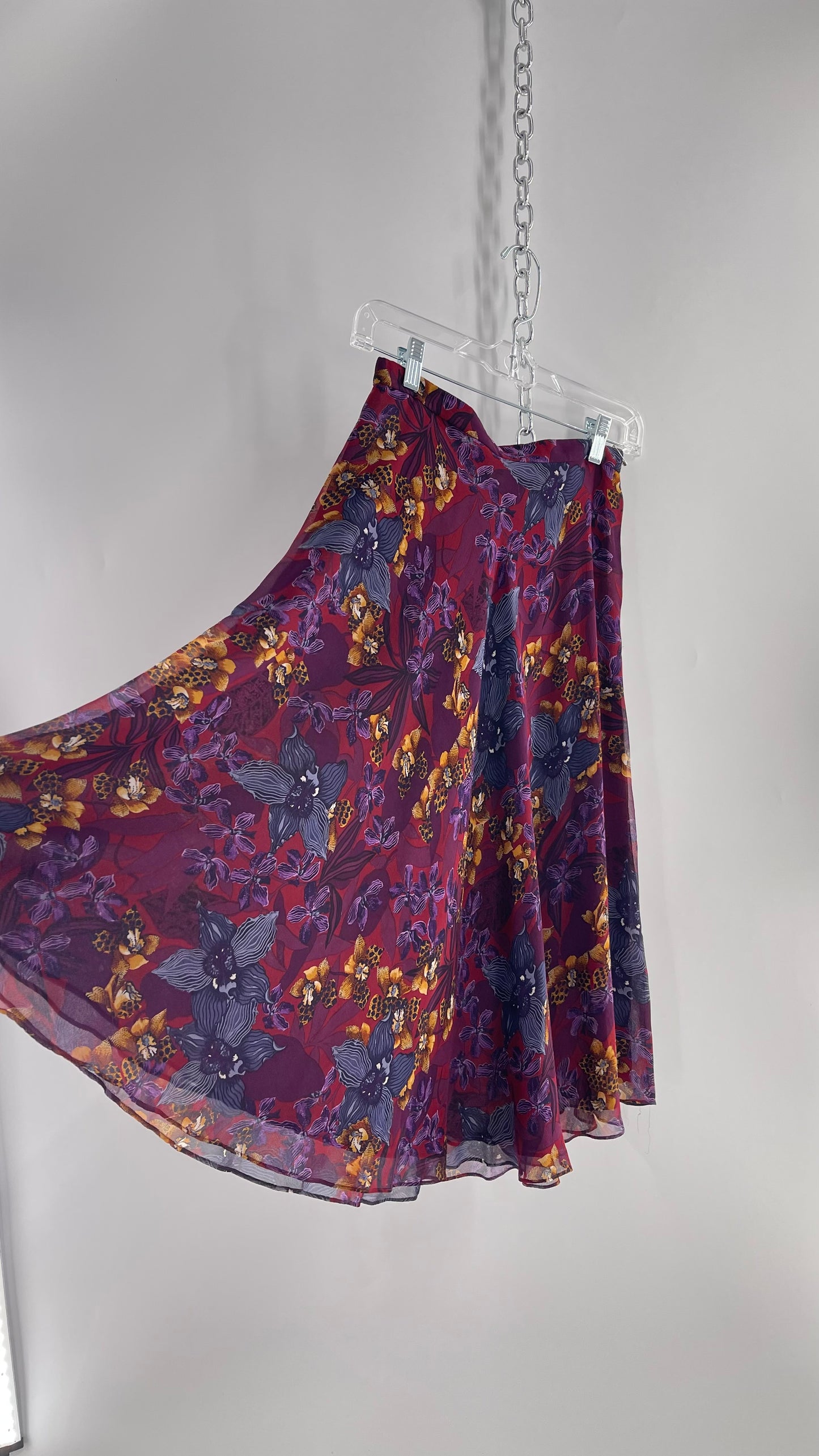 Vintage 100% Silk Burgundy Tropical Skirt with Leopard Florals (4)