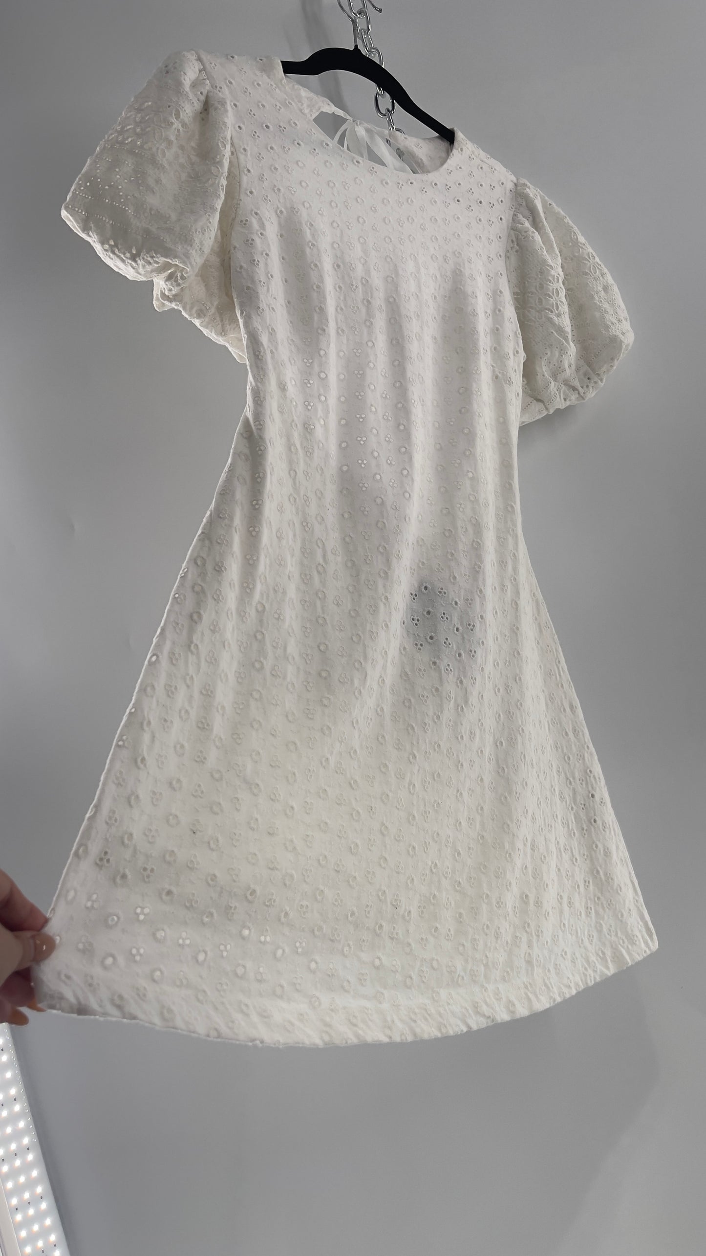 Free People White Eyelet Mini Dress with Puff Sleeve and Open Back (XS)