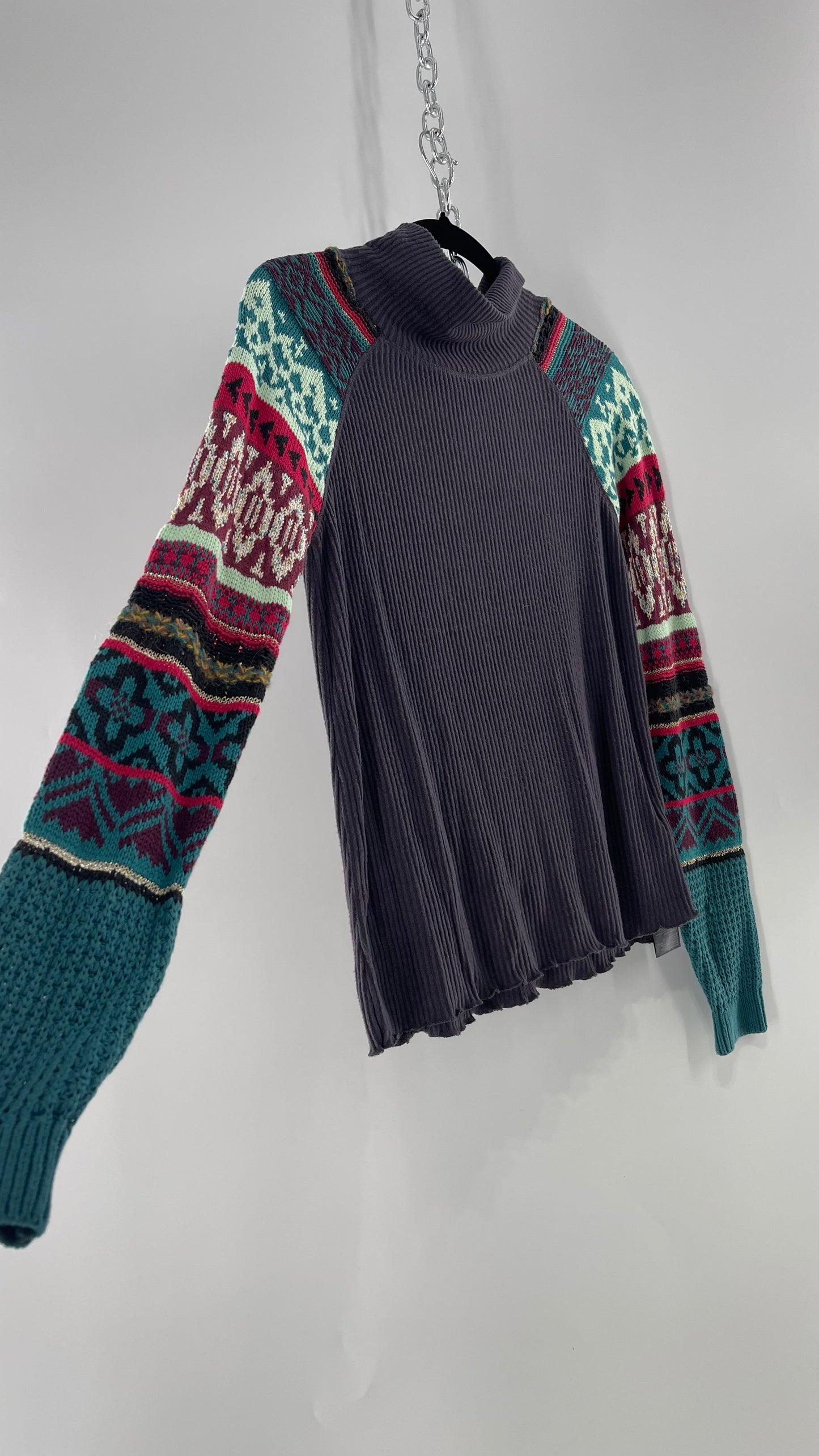 Free People Grey Cozy Knit with Colorful Patterned Knit Sleeves (Small)