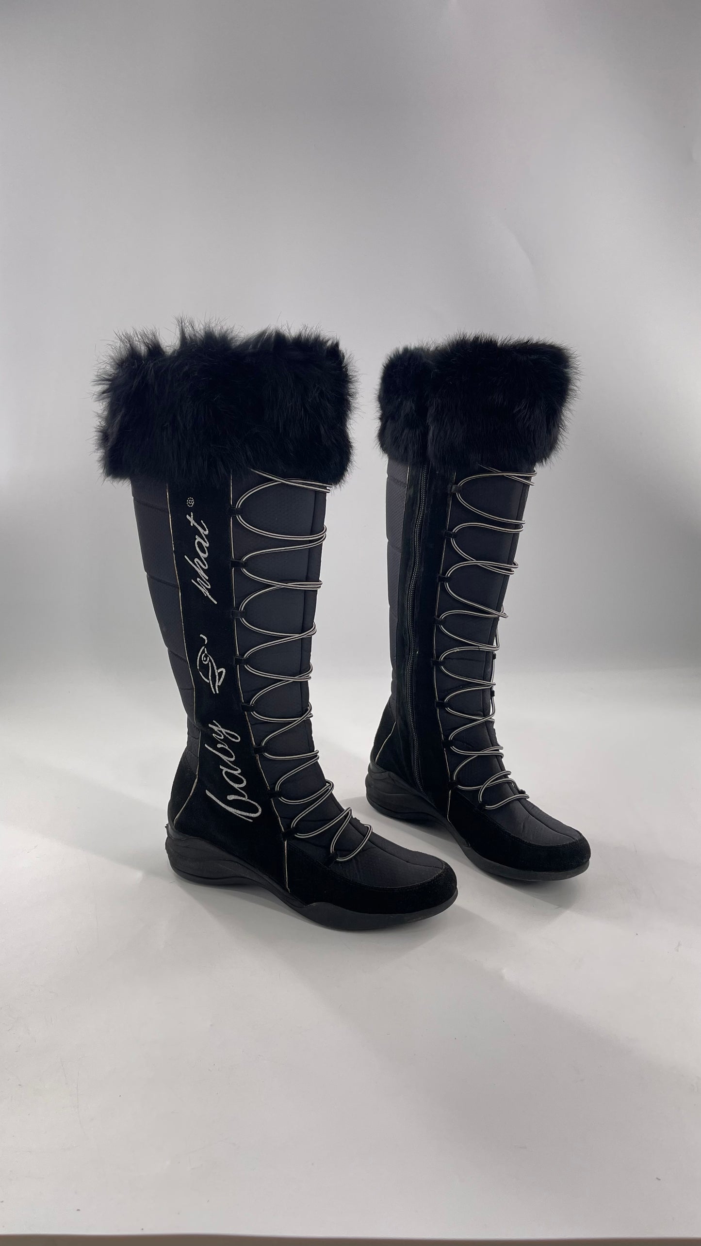 Baby Phat Black Knee High Boots with Rabbit Fur Trim, Bungee Cord Ties, and Embroidered Logo Design (8)
