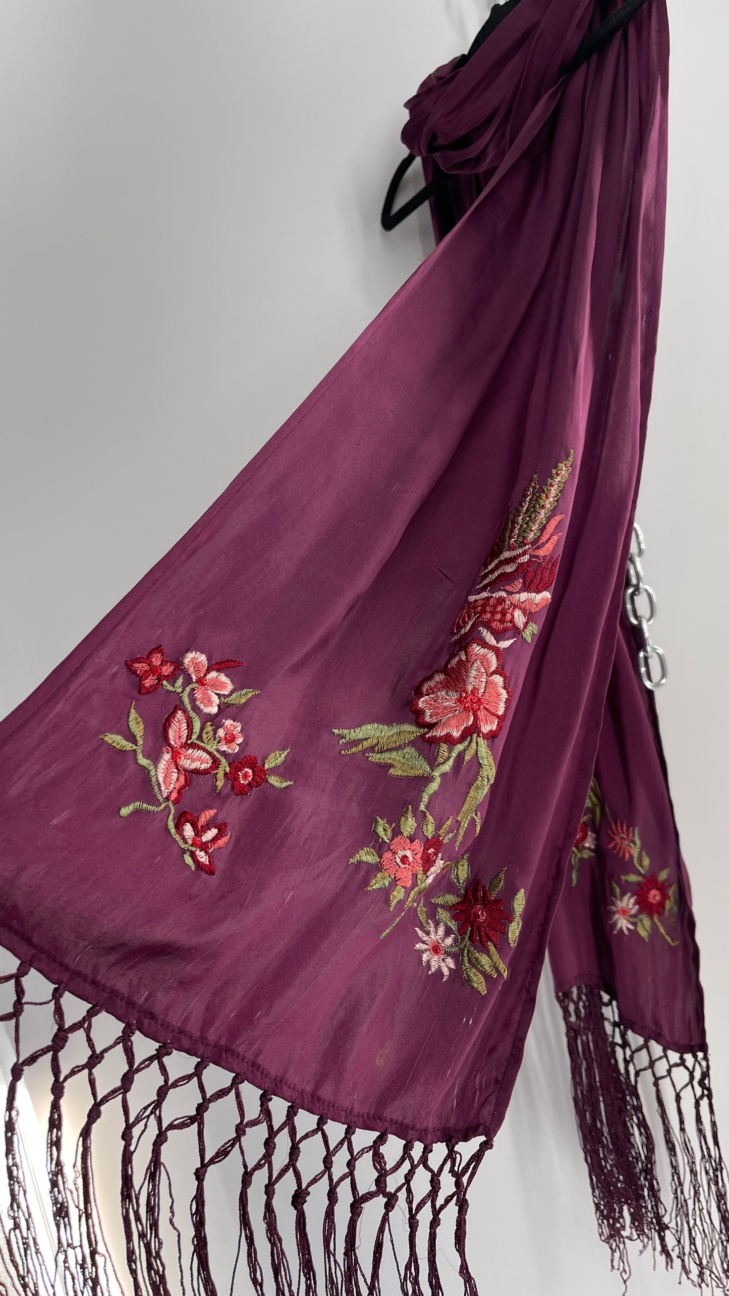 April Cornell 100% Silk Purple Embroidered Florals Fringe Scarf