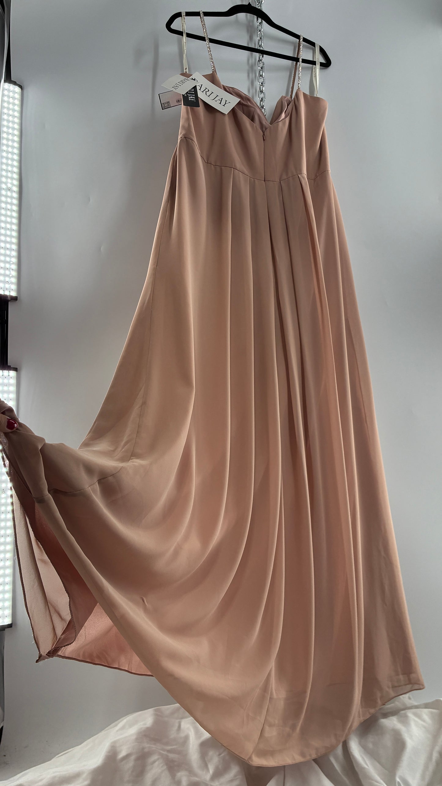 Vintage BARI JAY Nude/Blush Pink Full Length Dress with Embellished Straps and Side Slit Detail (16W)