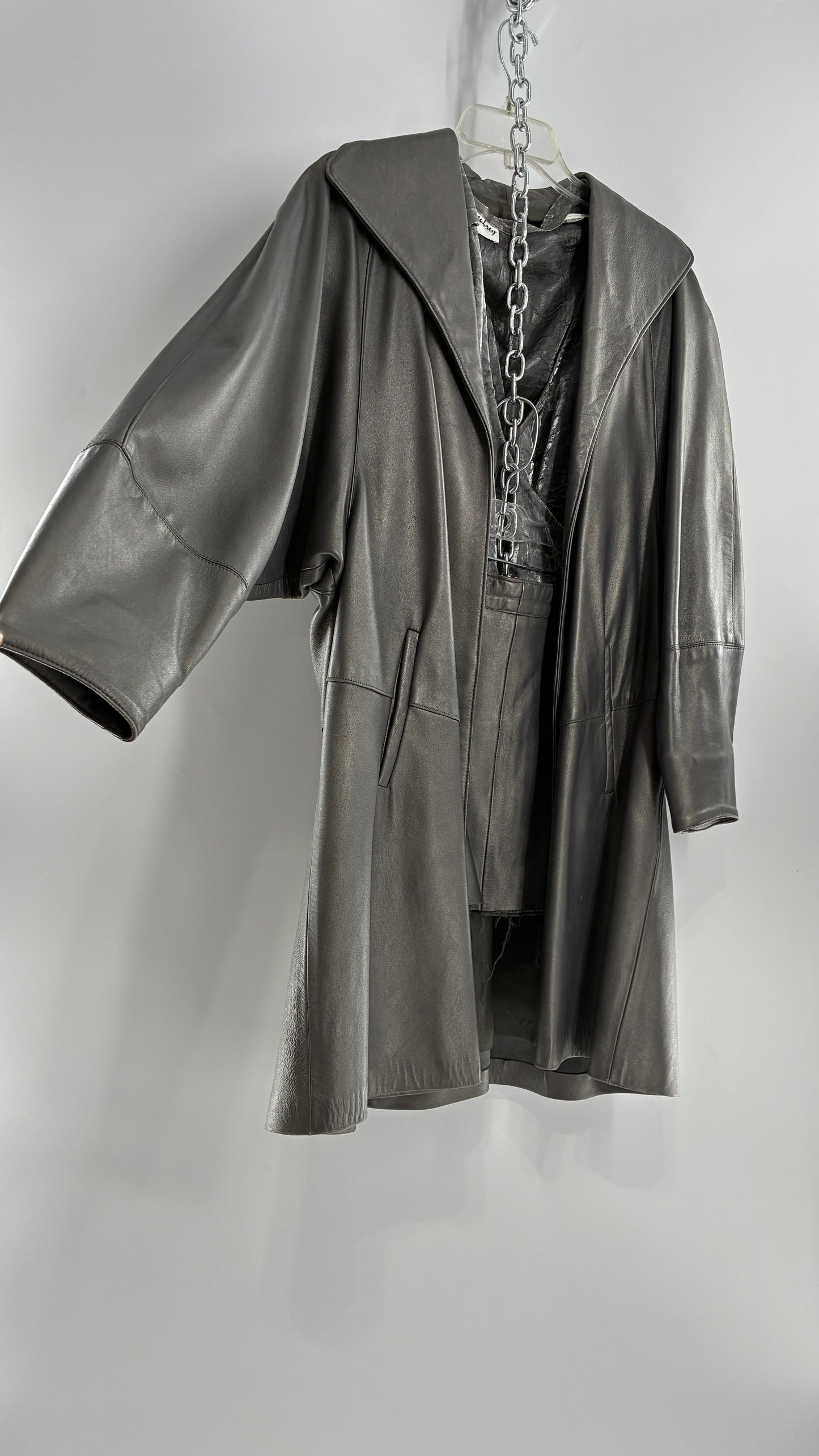 Vintage 1980s JUST PIERRE 3pc Metallic Silver Leather Trench Coat, Micro Mini Skirt and Sheer Blouse Set (S/M)