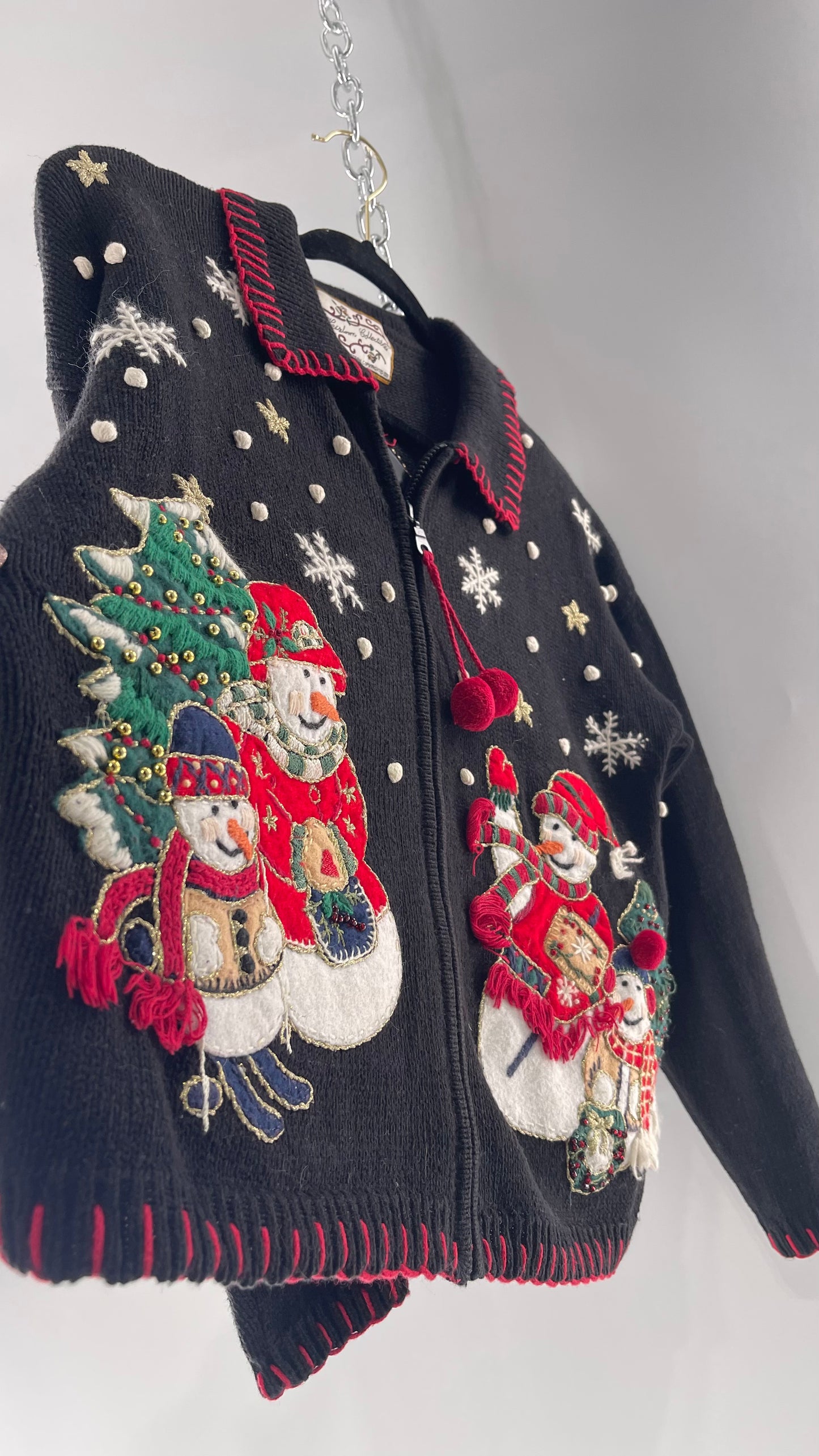 Vintage Reworked Urban Outfitters Heirloom Christmas Cardigan with Festive Snowmen Embroidery, Snowflakes, Christmas Tree and PomPom Zipper Detail (S)