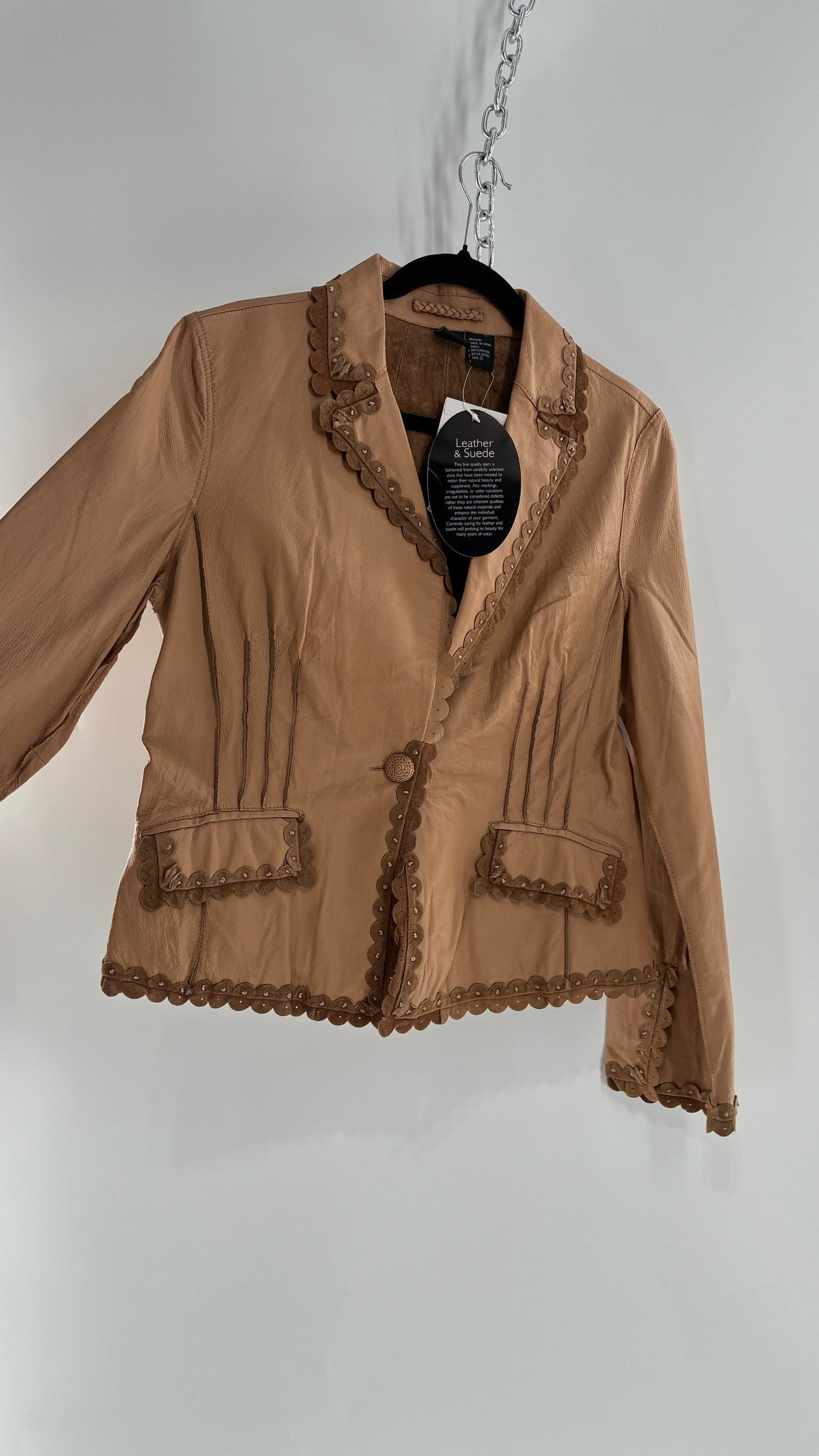 RARE Deadstock Vintage Cami Brown Thin Leather Jacket with Suede Scalloped Trim (12)