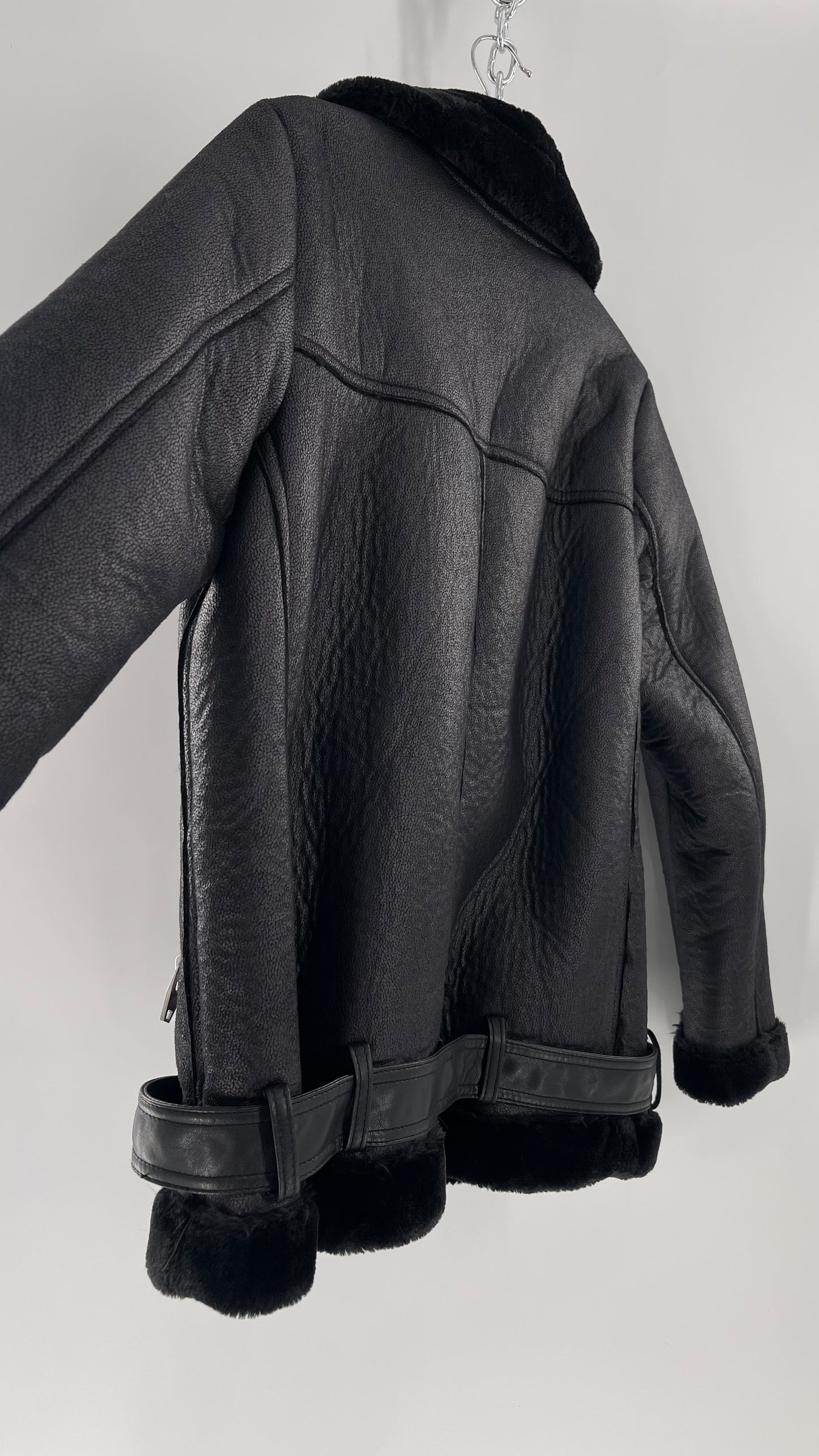 H&M (C) Black Faux Leather Moto Jacket with Faux Fur Lining (10)