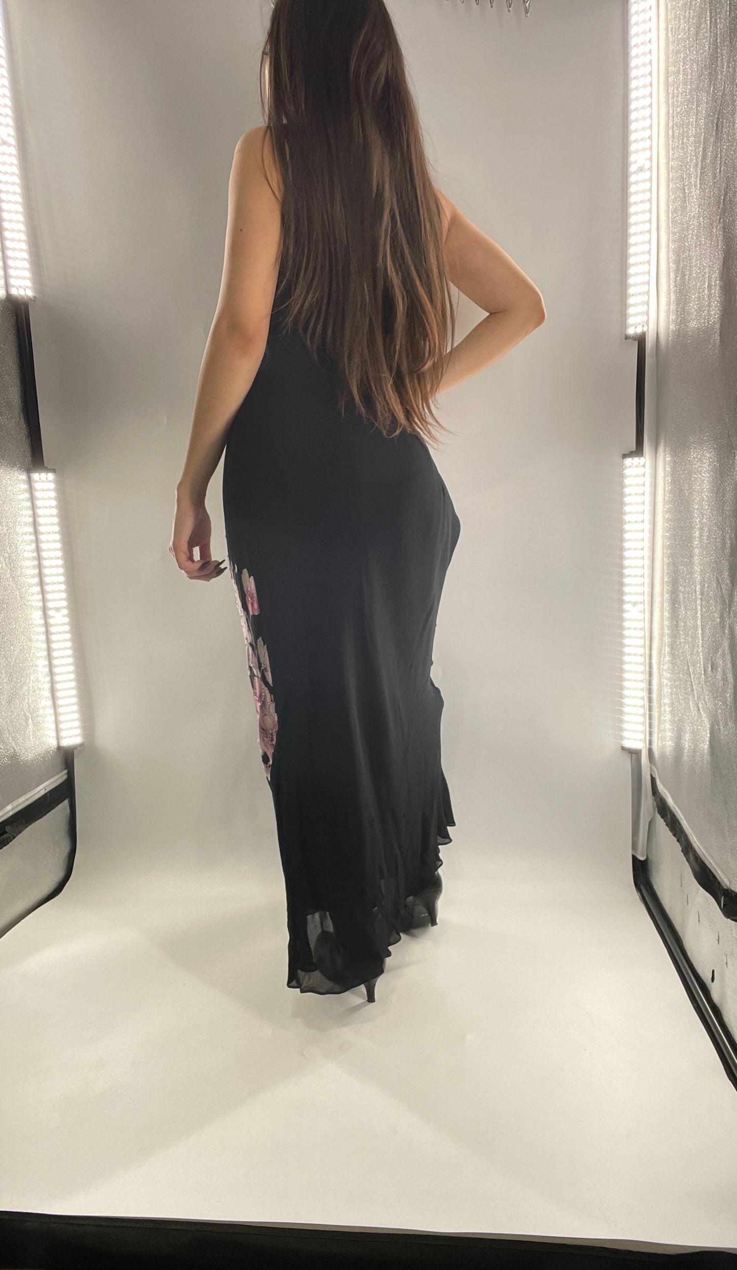 Vintage Dress Barn Black Slinky Maxi Dress with Pink Floral Graphic and Sequins (L)