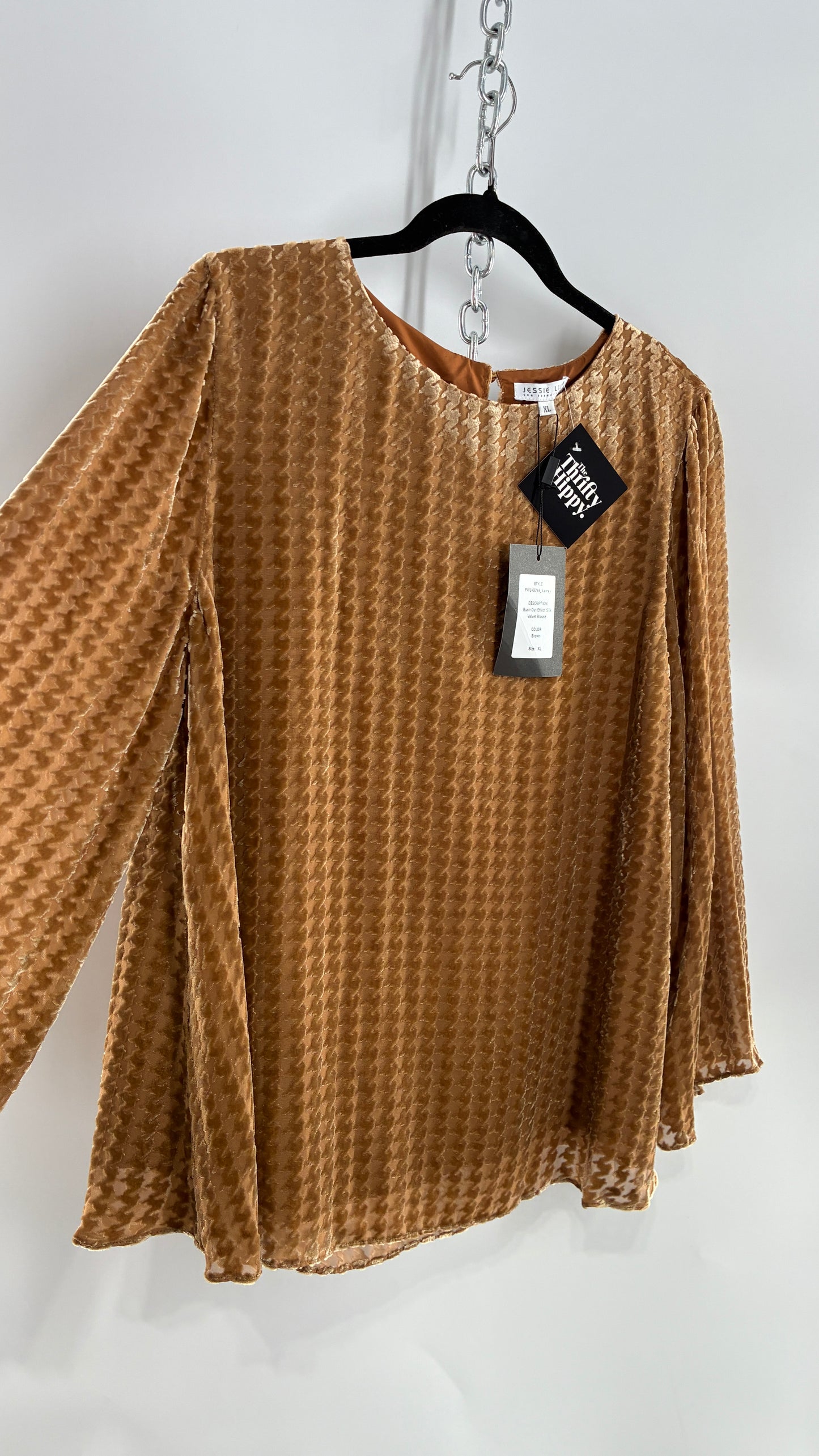 JESSIE LIU Lainey Bell Sleeve Burn Out Effect Silk Blouse (XL)