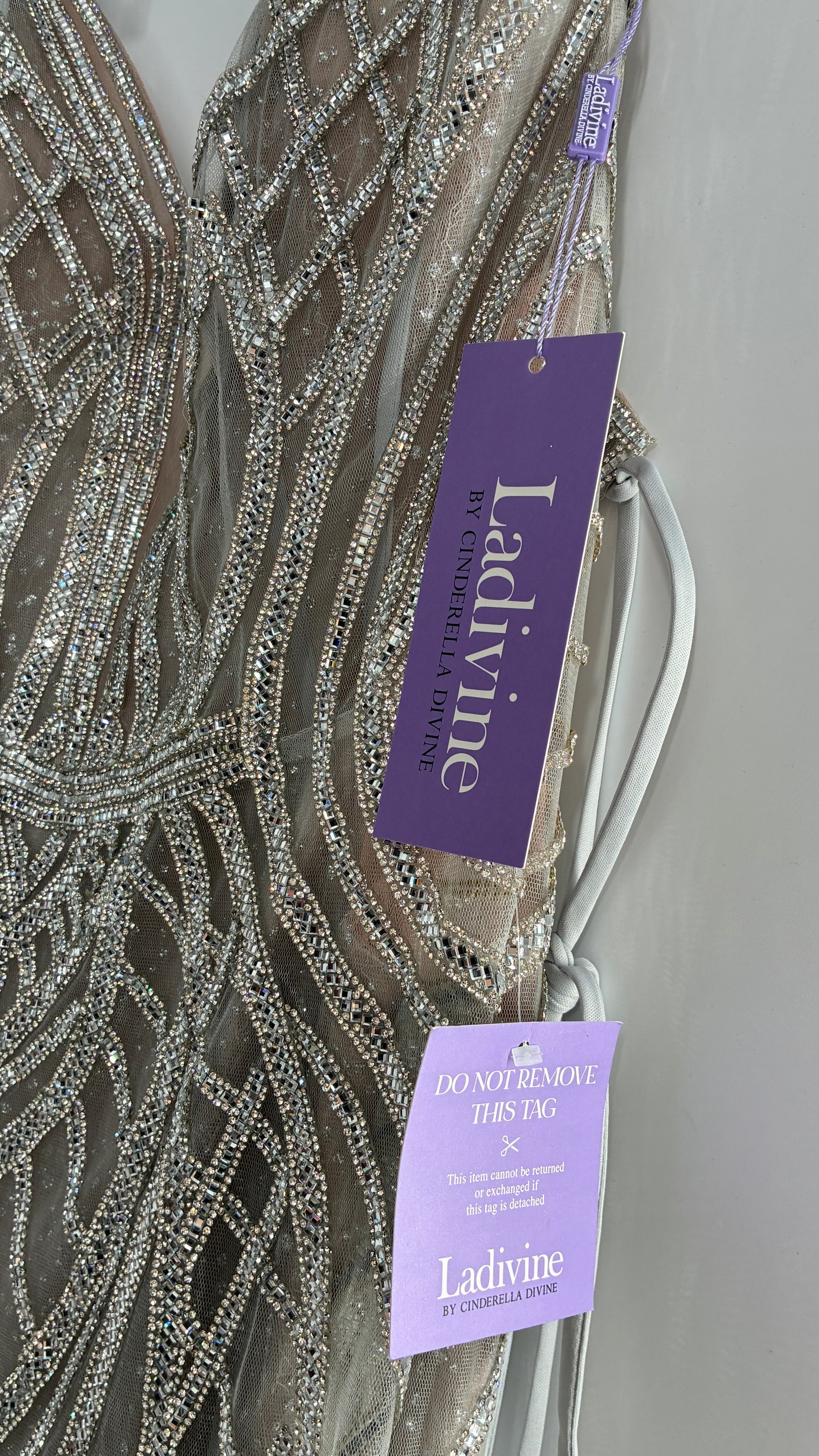 NWT LADIVINE by Cinderella Divine Silver Nude CC6018 Mermaid Corseted Gown with Multiple Layers of Tulle, Covered in Crystal Strips (16)