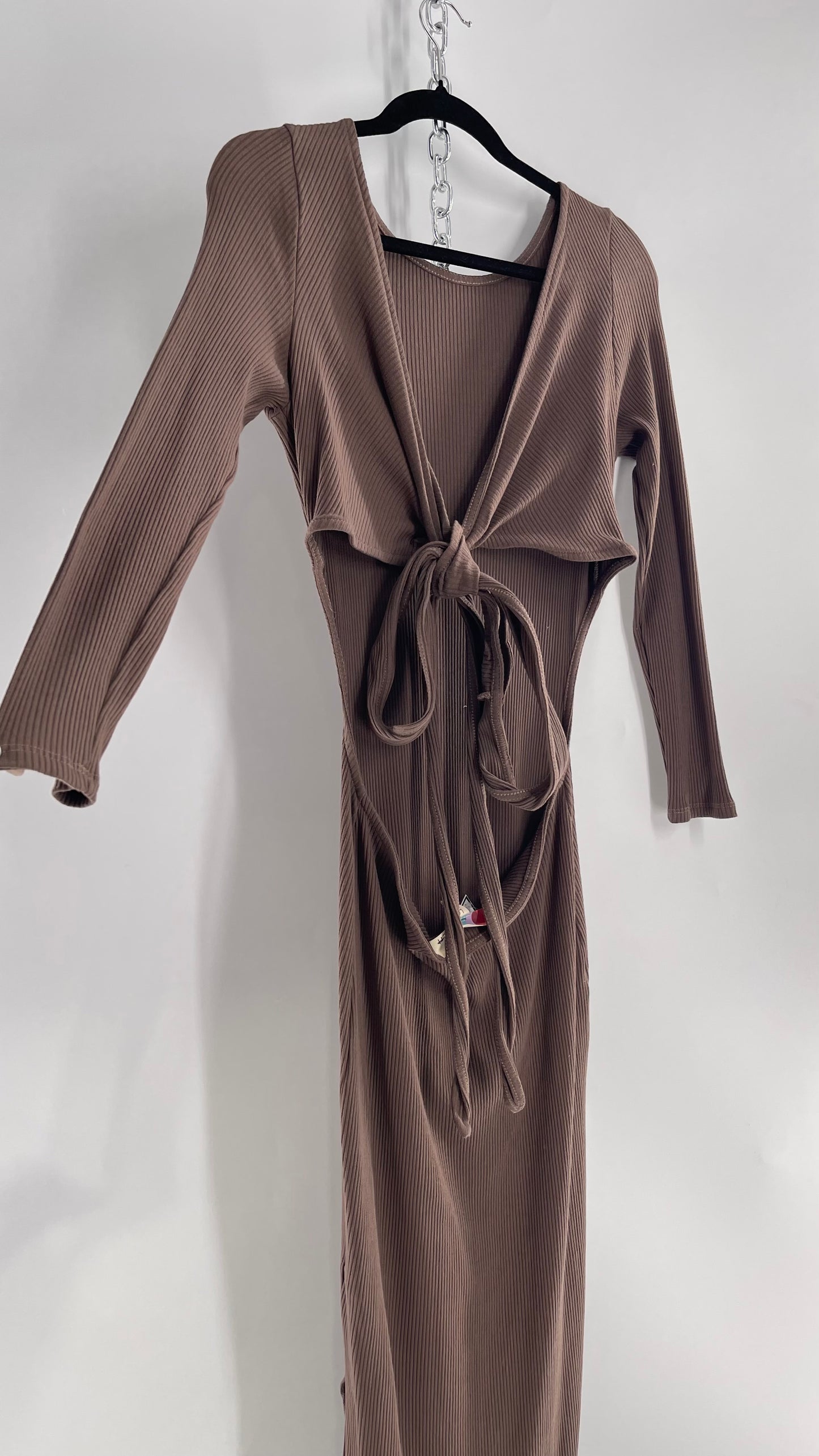 Free People Brown Ribbed Maxi Dress with Low Open Back and Dramatic Tie Detail (Large)