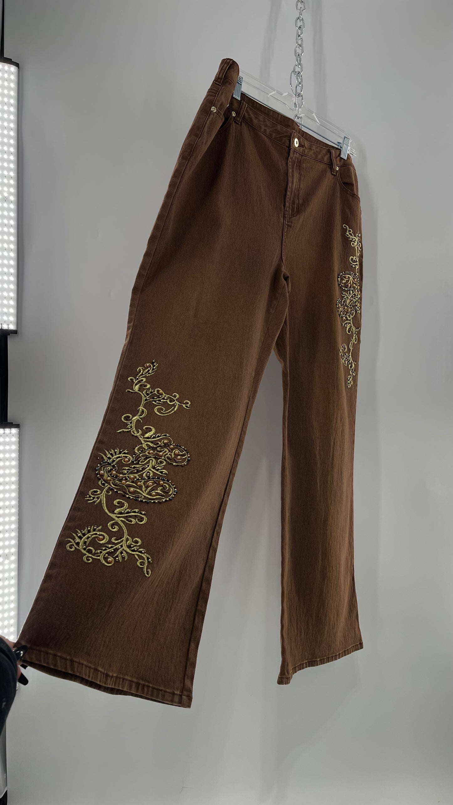 Vintage Midnight Velvet Embroidered + Beaded Brown Flares (18W)