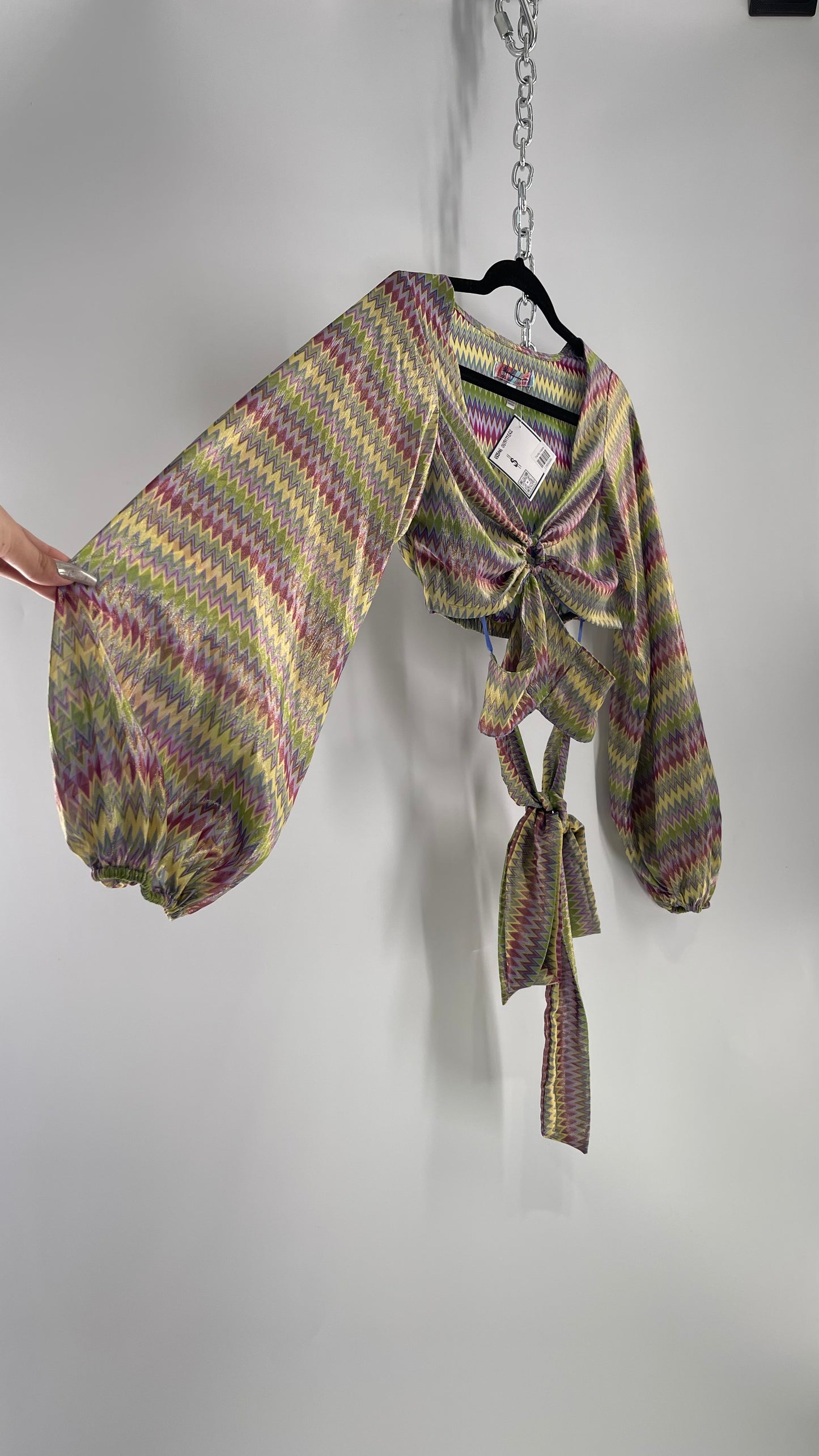 Urban Outfitters Shimmer Top Balloon Sleeve Green Purple Retro Print Cut Out Tie Around Blouse (XS)
