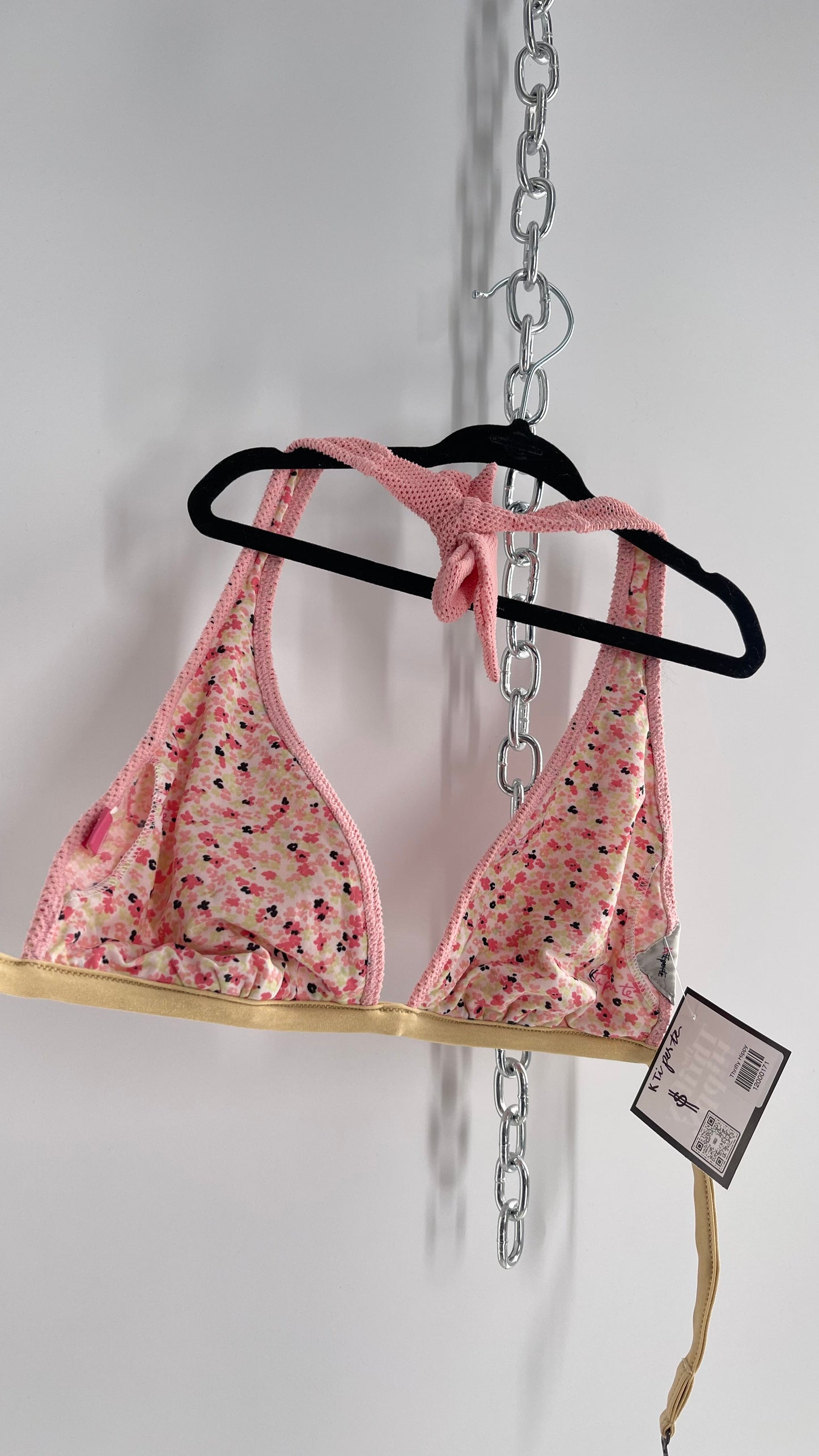 K ti per te Pink Floral and Mesh Halter Swim Top with Gold Glitter Strap (Medium)