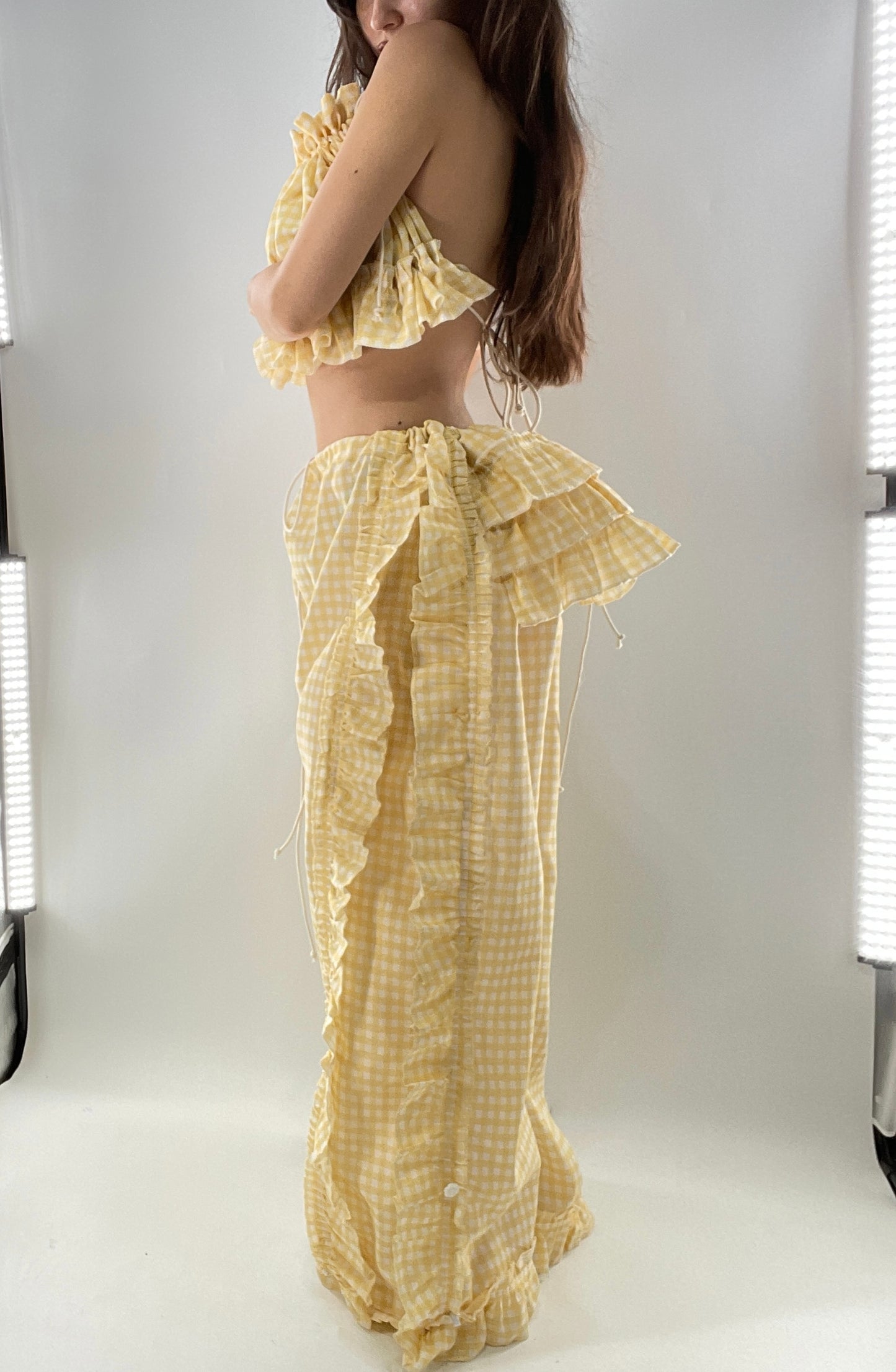 Vintage 2 Piece Yellow Checkered/Gingham Patterned Picnic Set with Ruched Bust Top and Ruffle Side Wide Legs with Adjustable Length, Strap Up Buttons on Hem (One Size)