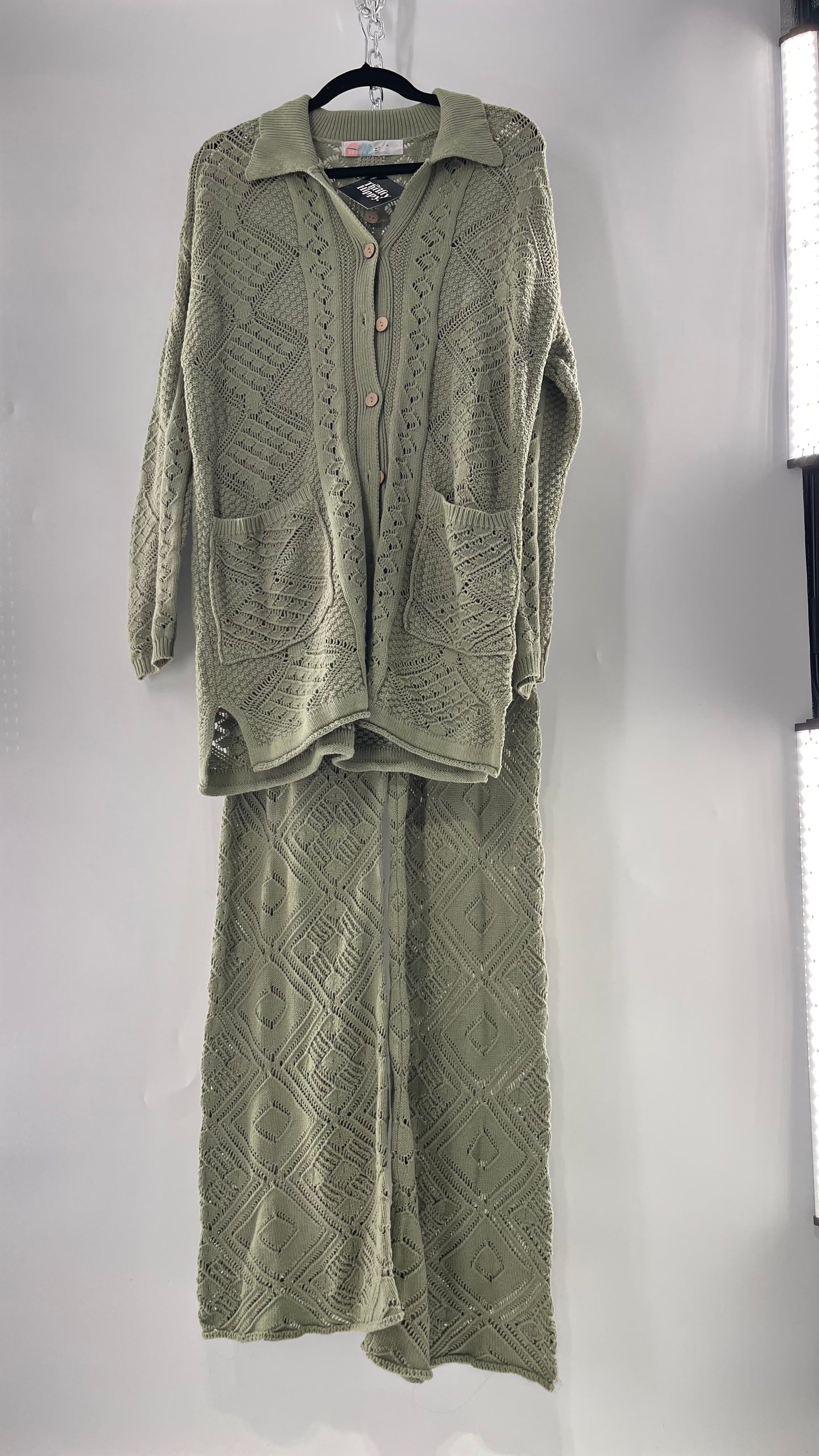 Free People Beach Sage Green Crochet Wooden Button Front Cardigan and Wide Leg Set (Medium)