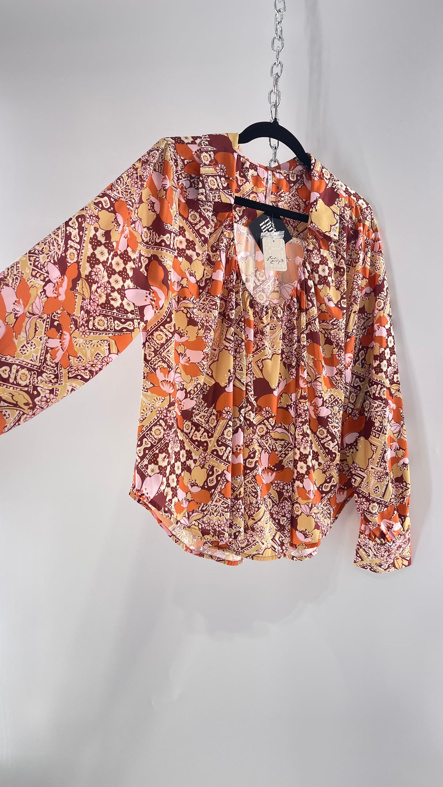 Free People All Over Mixed Warm Toned Satin Blouse with Pleated/Draping Neckline and Collar, Tags Attached (Small)