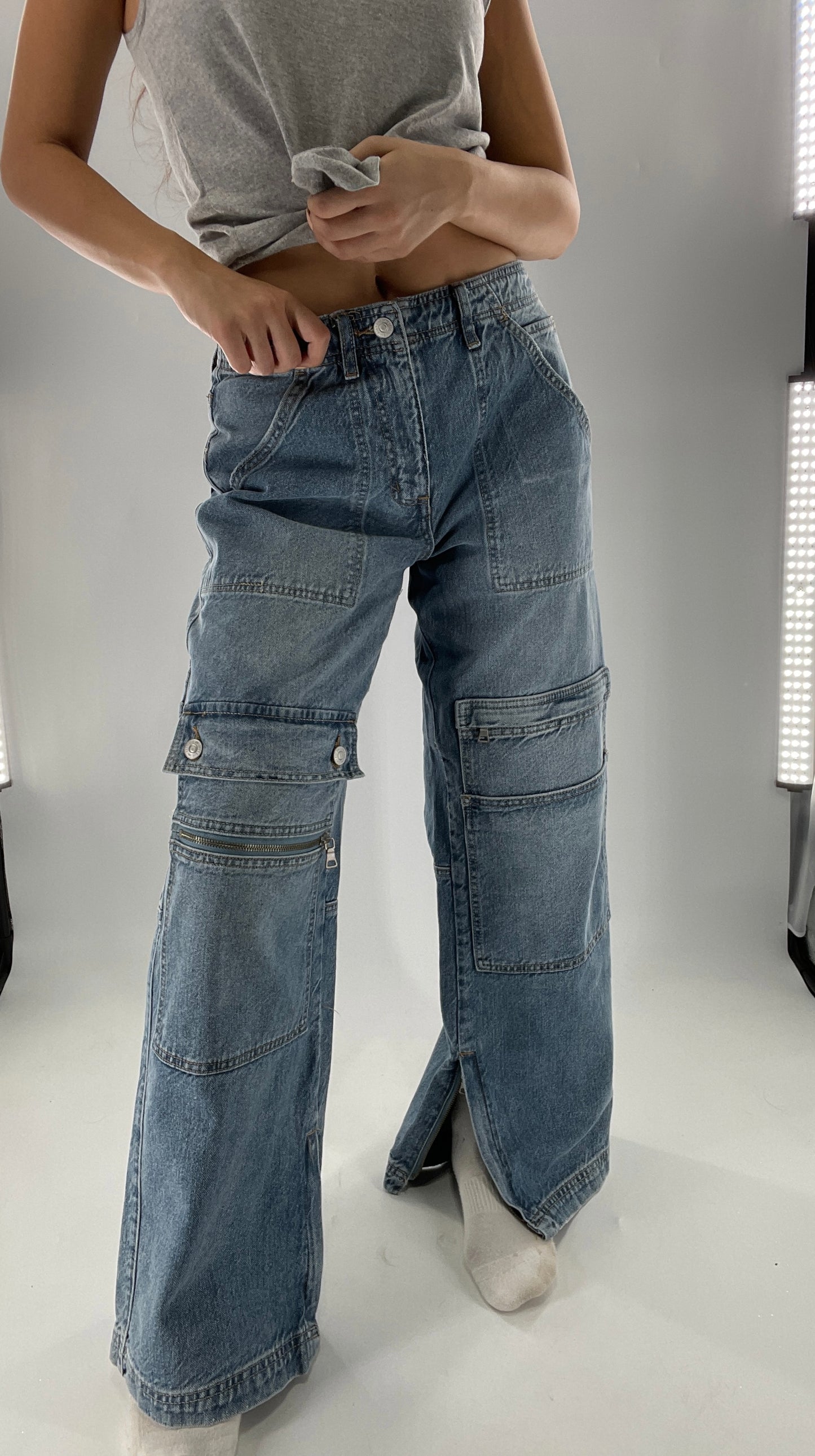 Free People Wide Leg Cargo Jeans Covered in Pockets, Zippers and stitching (27)