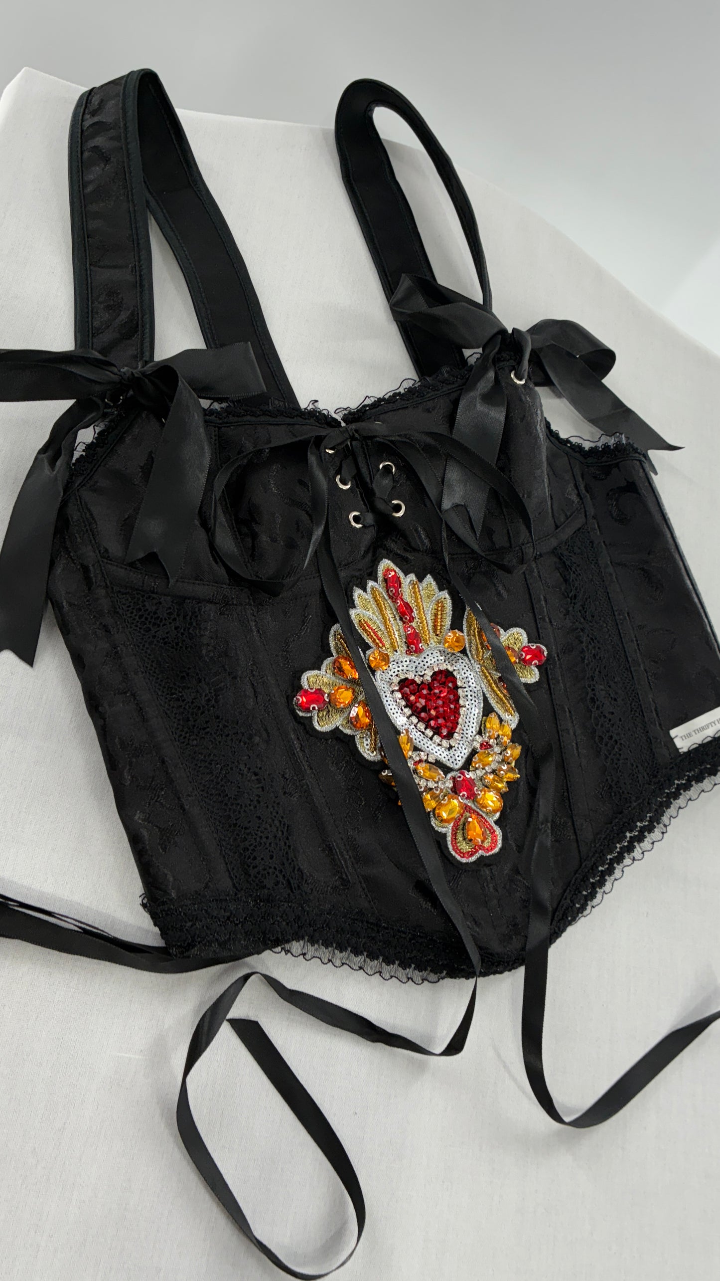 Custom Black Jacquard Corset, Handmade with Heart Appliqué, Bows, Embroidery, Gemstones, Lace and Ruffles (S/M)