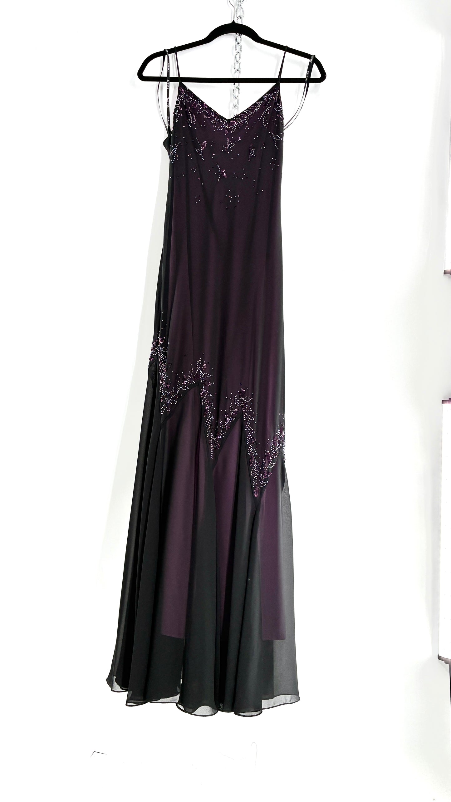 Vintage XSCAPE Full Length Black Beaded Gown with Purple Underlay (4)