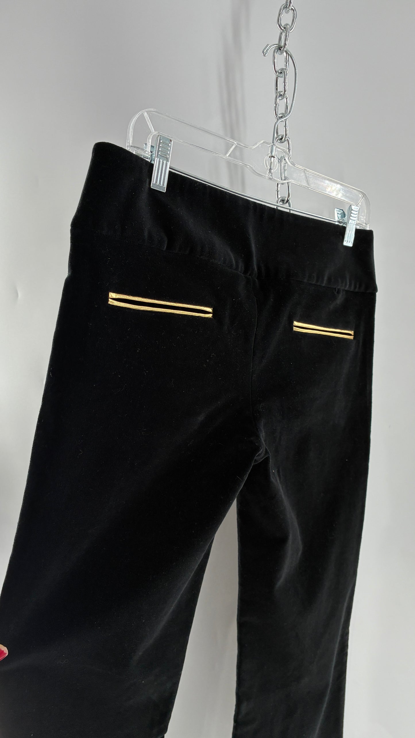 Vintage Alice + Olivia Thick Black Velour Low Rise Kickflare Pants with Thick Waistband with Gold Coin Detailing (6)