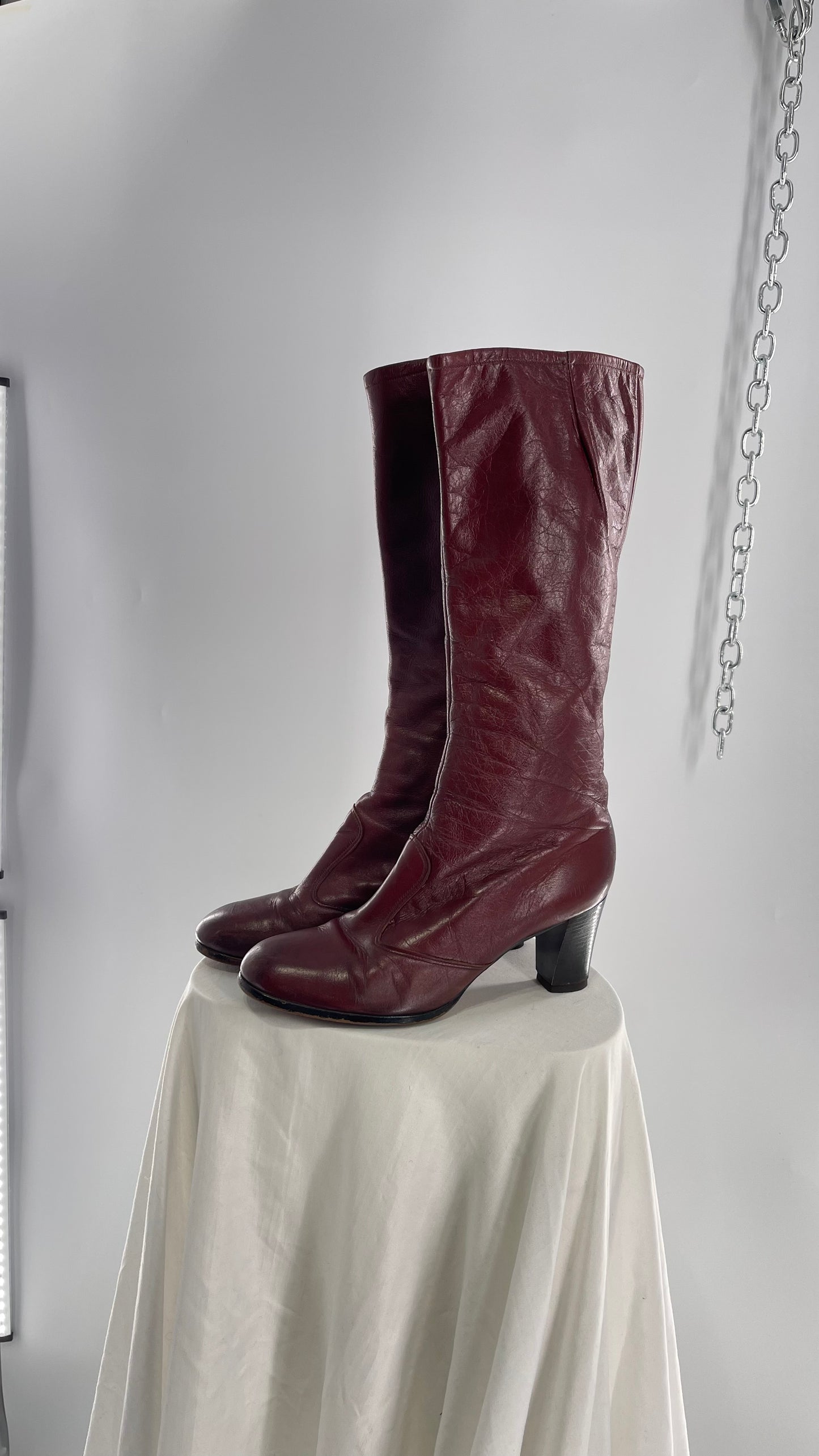 Vintage Cherry Cola Red Knee High Leather Boot with Heel (8.5)