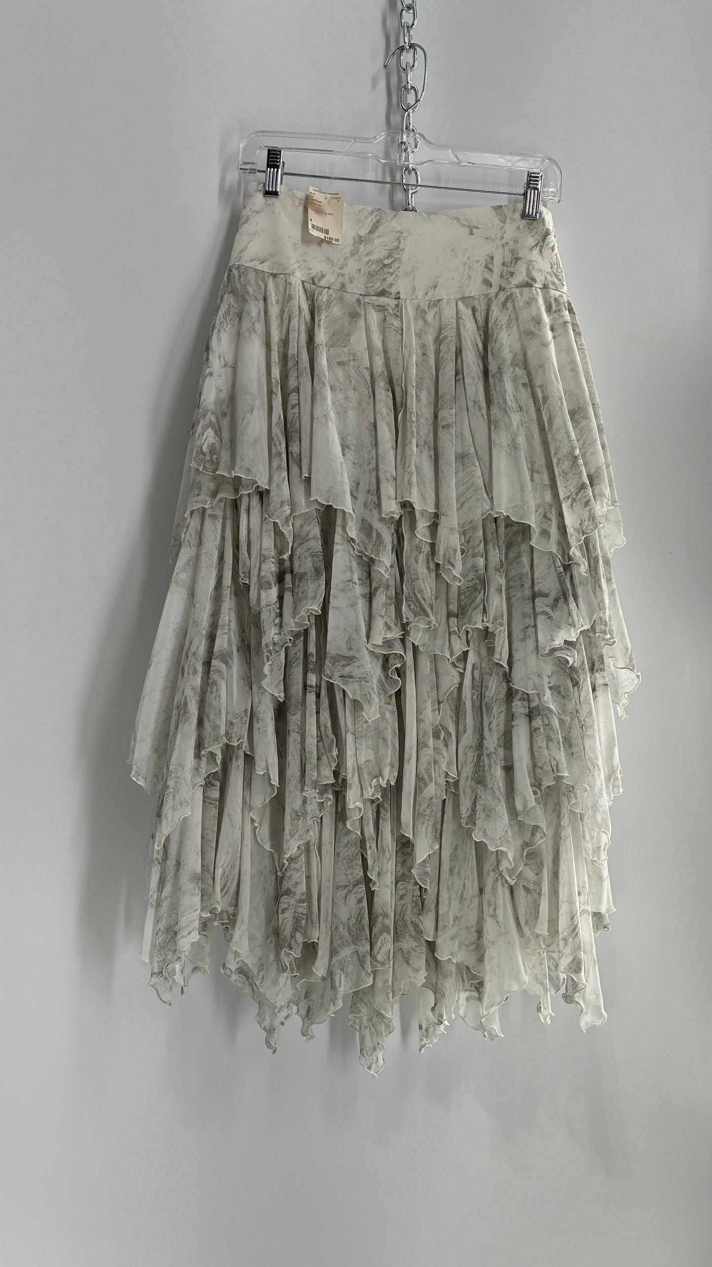Free People Layered, Tiered Voluminous White and Grey Watercolor Full Skirt with Tags Attached (4)