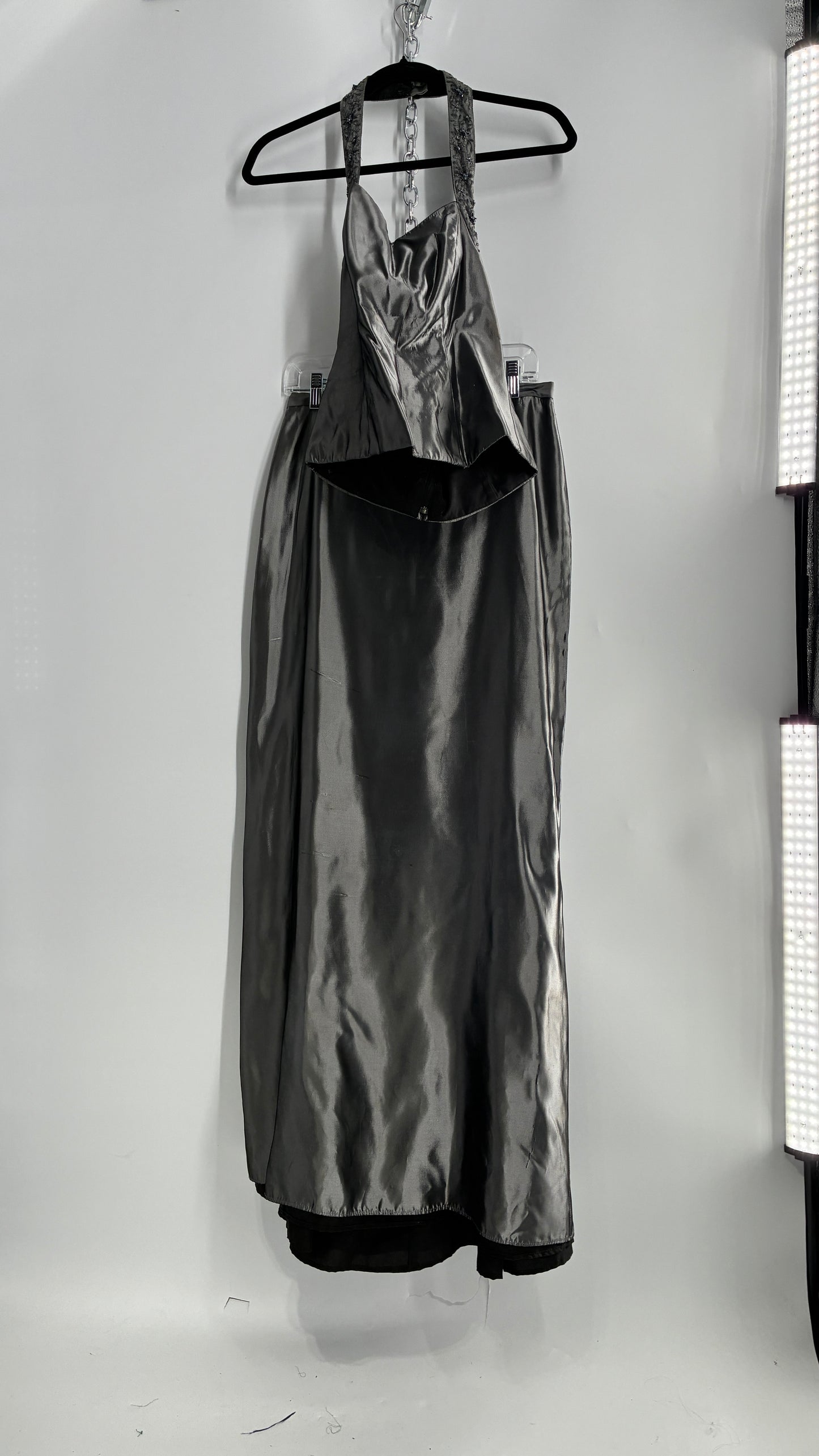 Vintage 1990s Davids Bridal SET Metallic Silver Corseted + Beaded Halter and Full Length Skirt (6Top, 8Skirt)