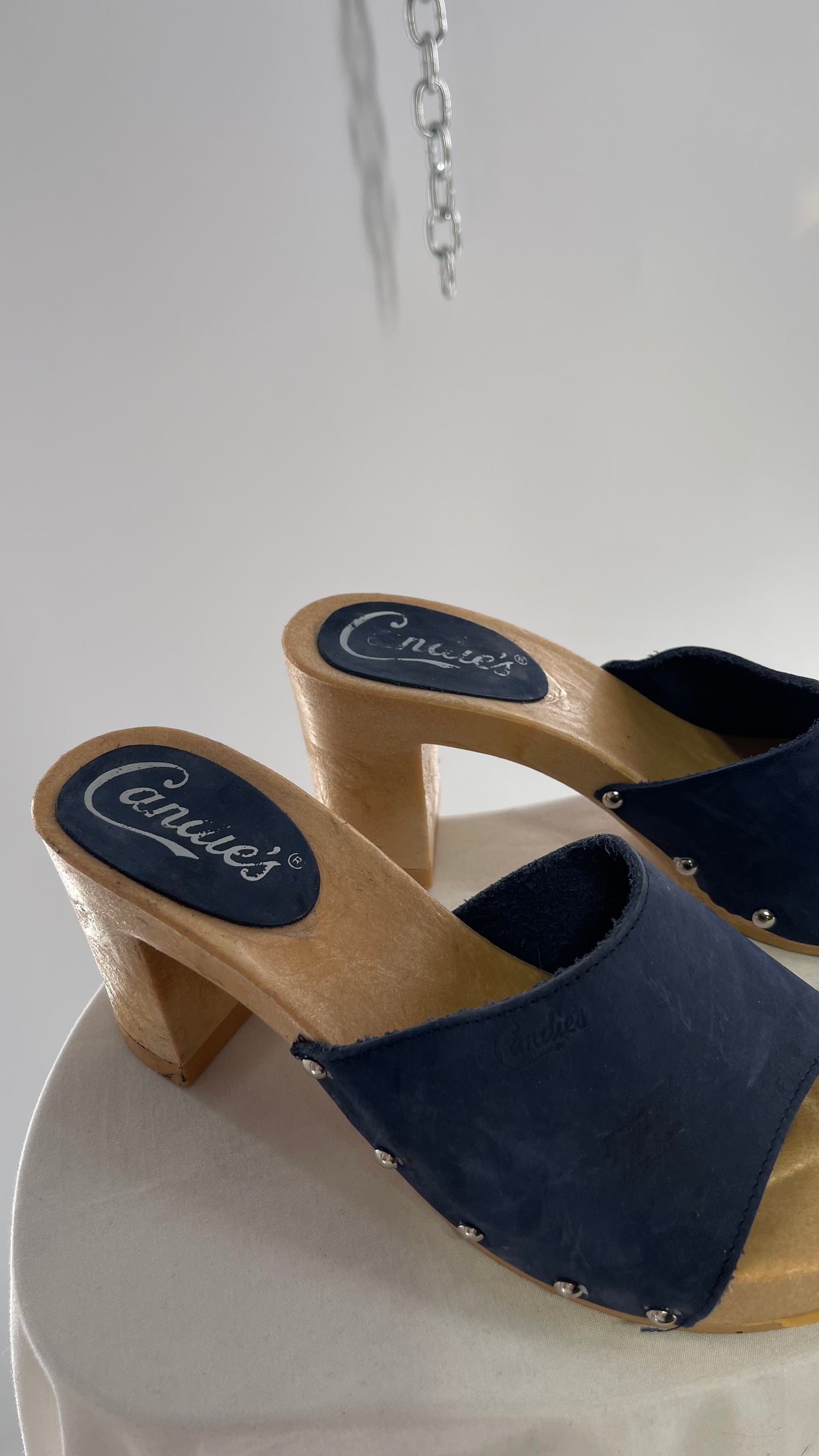 Vintage Candies 1980s Navy Blue HOT Side Studded High Heel Slides (8)