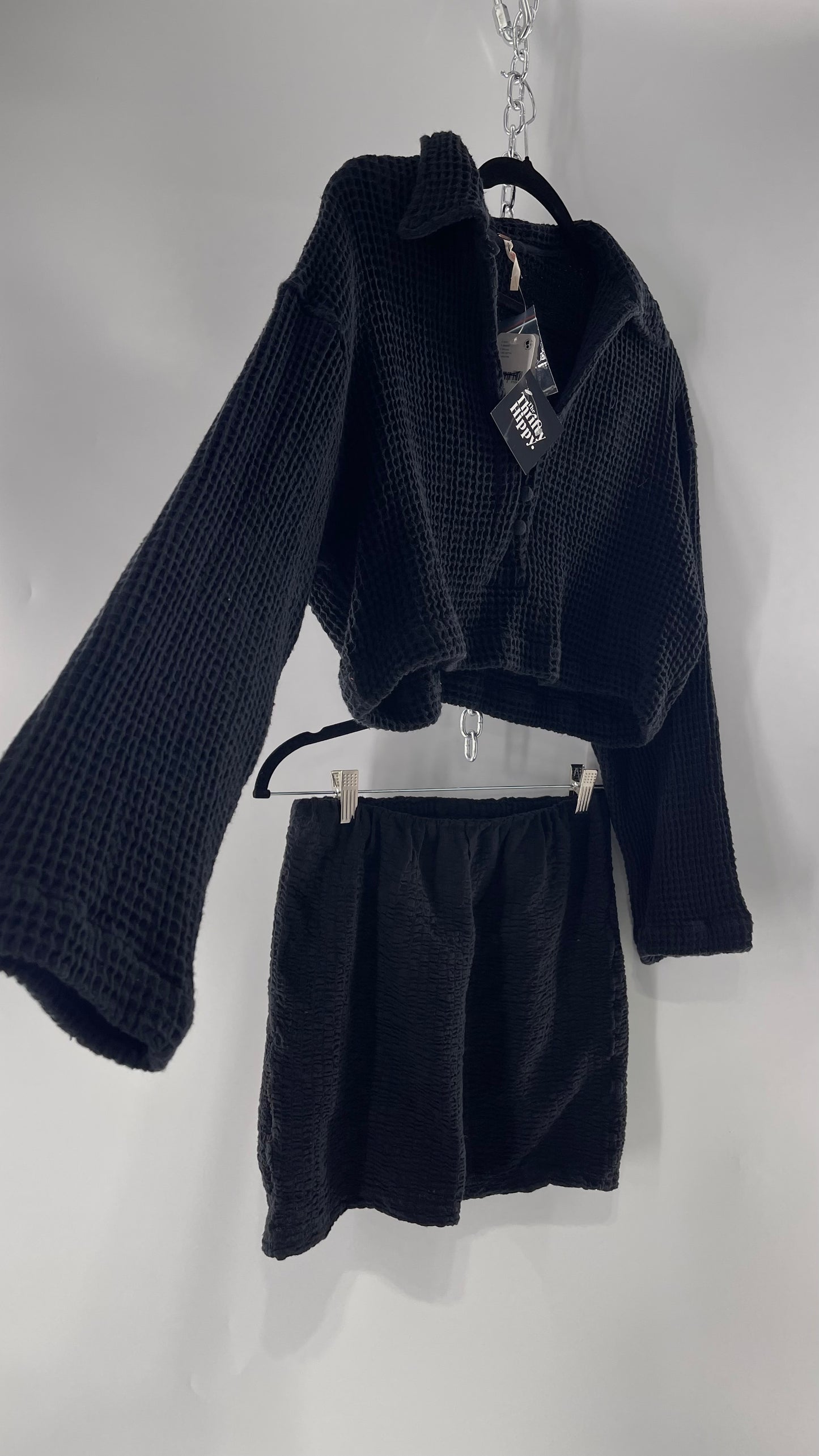 Free People Waffle Knit Black Cropped Button Up and Skirt Set with Tags Attached (Small)